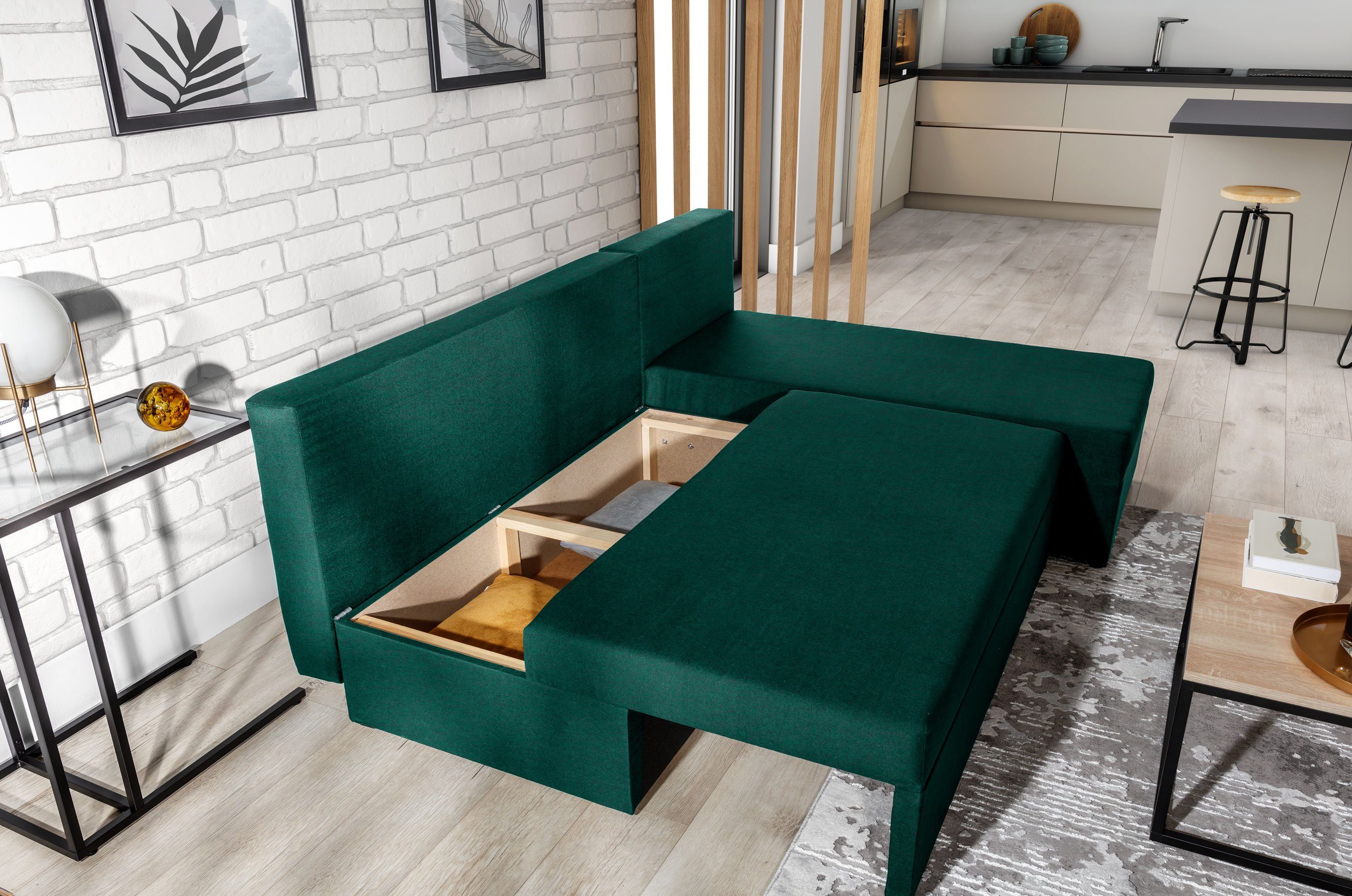 yourhouse24 Ecksofa Gino mit Schlaffunktion – und Bettkasten 05 Sawana Dunkelgrau Universal