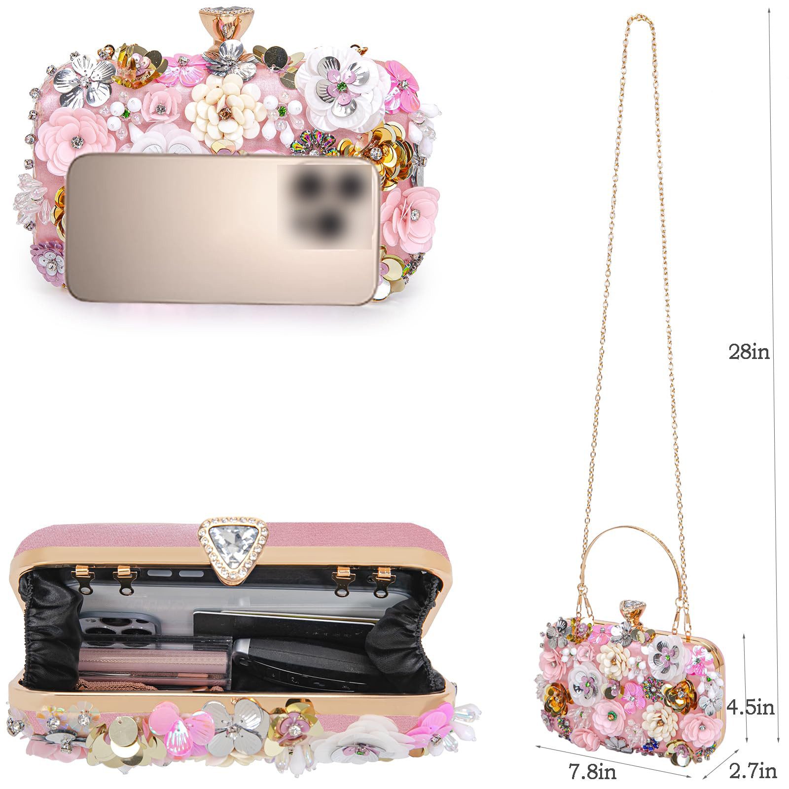 Zaewry Abendtasche Damen-Clutch mit Blumenmuster, Abendhandtasche, Schultertasche, mit Kettenriemen – Bild 4 von 5