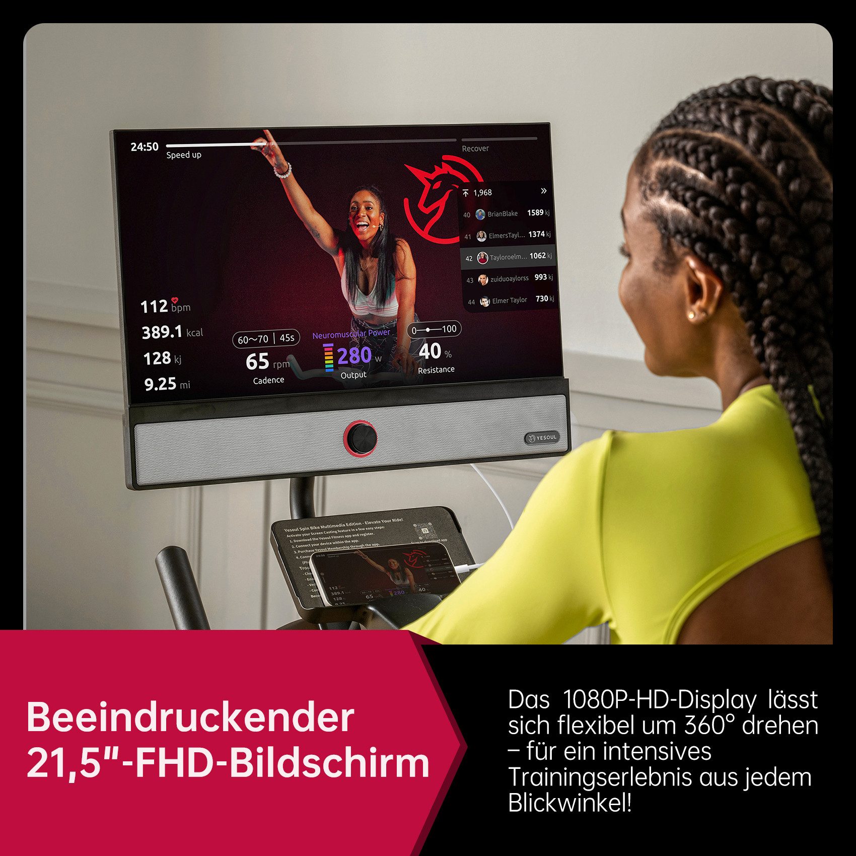yesoul Speedbike G1M Plus & Max Fahrrad, 21,5-Zoll-FHD-Display, 100 Stufen, bis 120 kg (App mit VoD Trainingskursen, Magnetbremssystem, Riemenantrieb, kompatibel mit Zwift & Kinomap), 360° drehbares Display, 4 x 30 W Surround-Sound, Screen Mirroring