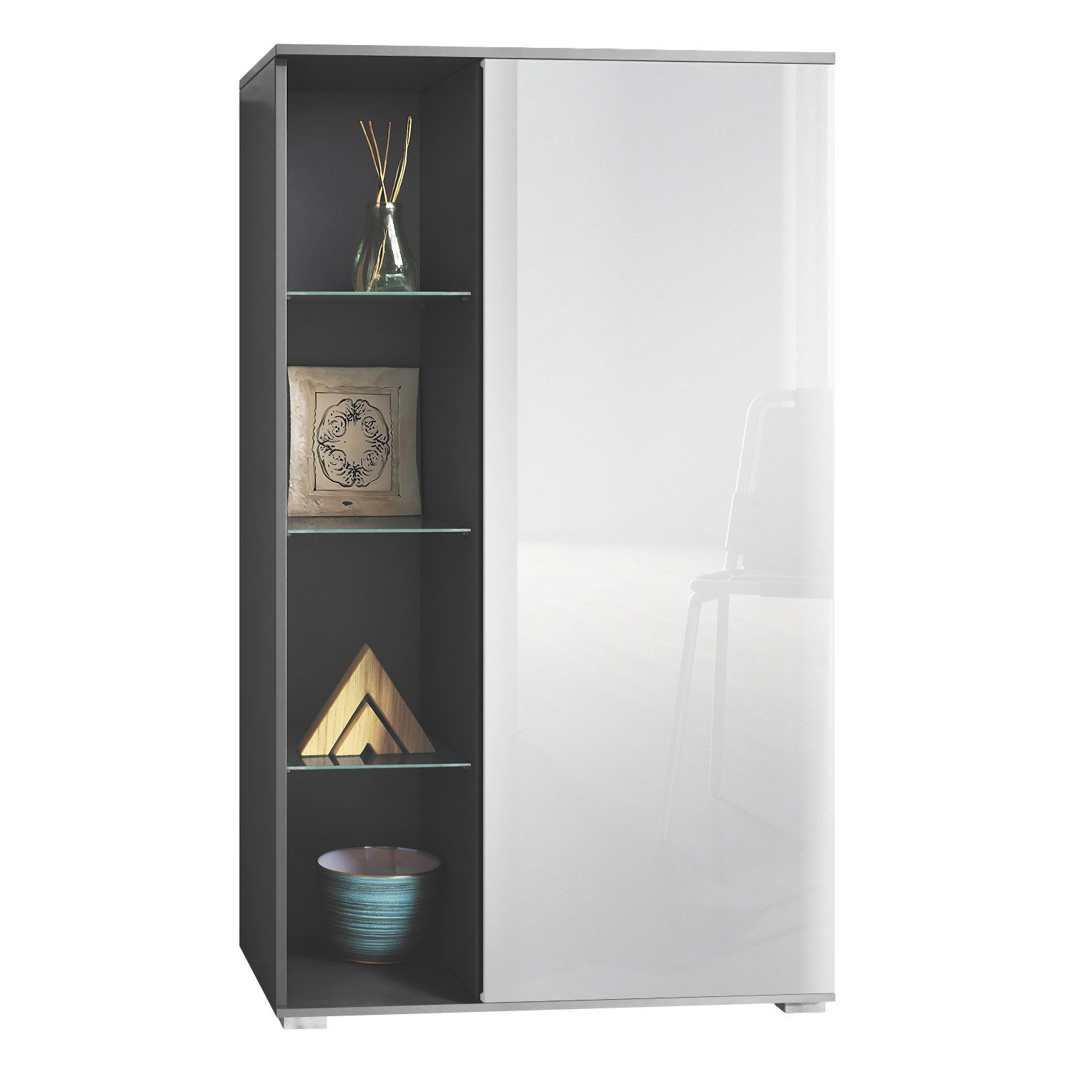 Vladon Standvitrine Davos (Standvitrine, mit 3 Glasböden und 8 Fächer) Anthrazit matt/Weiß Hochglanz (71,5 x 134 x 35 cm)