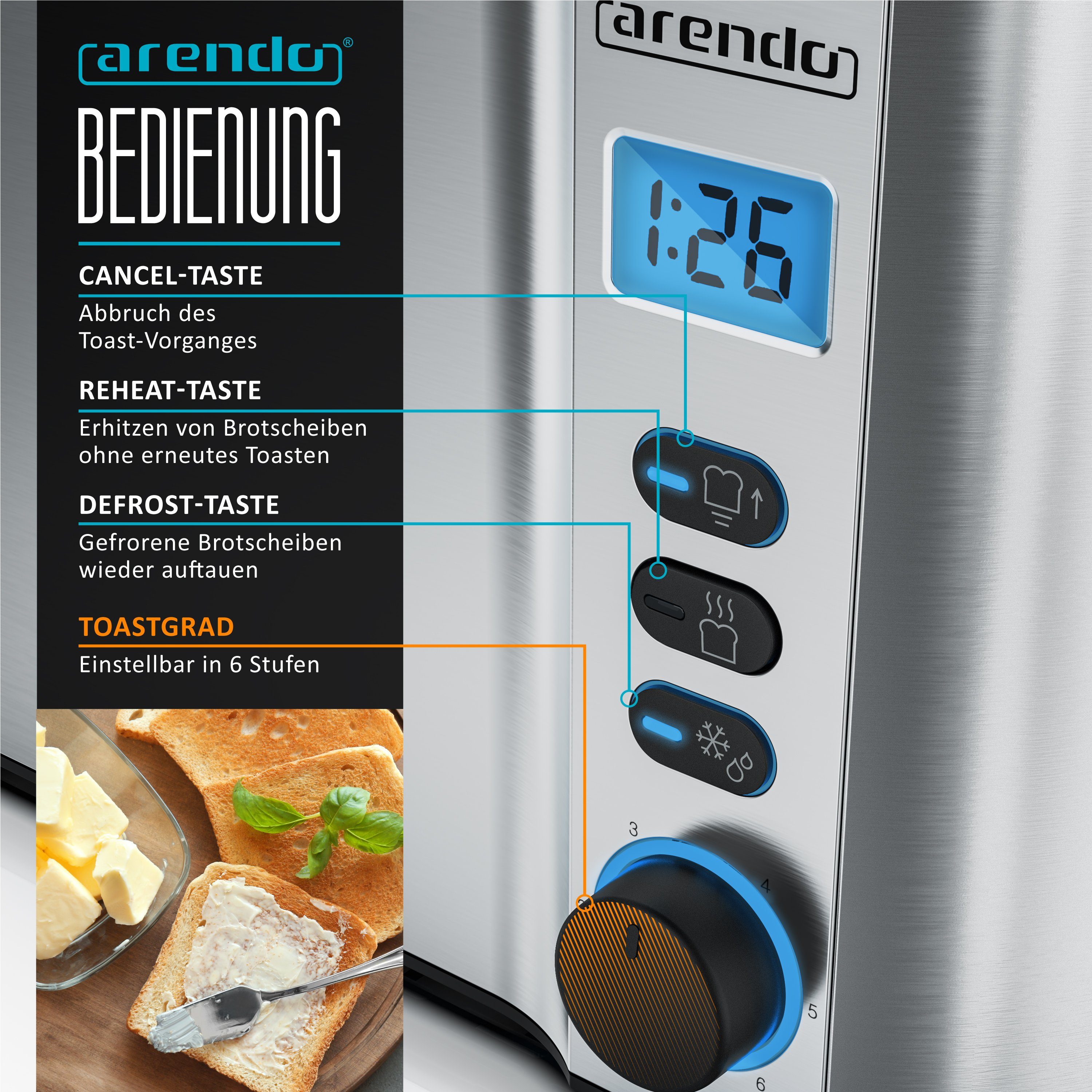 Arendo Toaster Langschlitz, Edelstahl, Display mit Restzeitanzeige, Krümelschublade, 2 lange Schlitze, für 4 Scheiben, 1500 W, Defrost Funktion, Wärmeisolierendes Gehäuse, mit Brötchenaufsatz