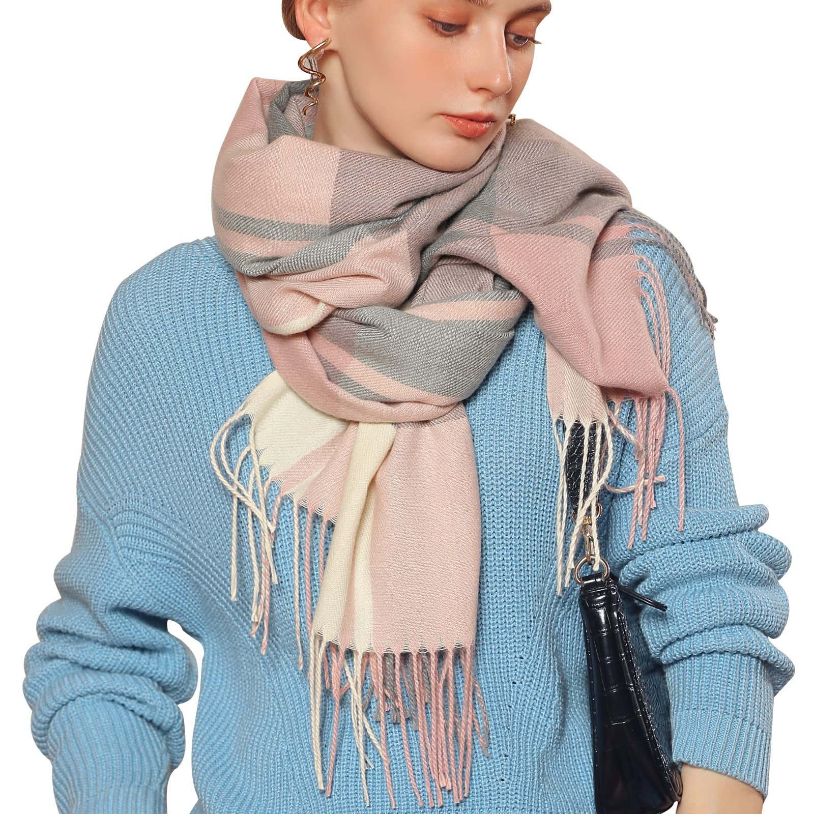 Cachito Modeschal Damen Kariert Oversized Schal mit Fransen, Winterschal Weich Wraps, Karo Fransen Schals Warm für Herbst Winter, Mischfarbe