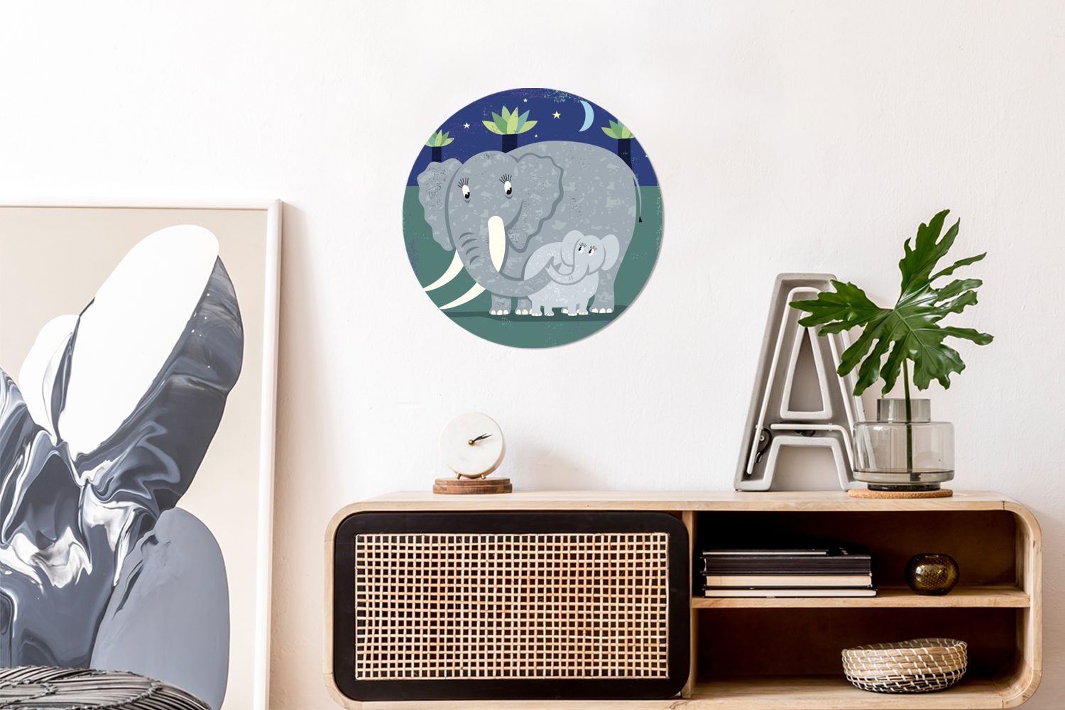 Illustration Elefanten einem Elefantenbaby eines Kinderzimmer, Tapetenkreis Tapetenaufkleber, Eine Rund, St), Wandsticker Wohnzimmer für großen MuchoWow mit (1