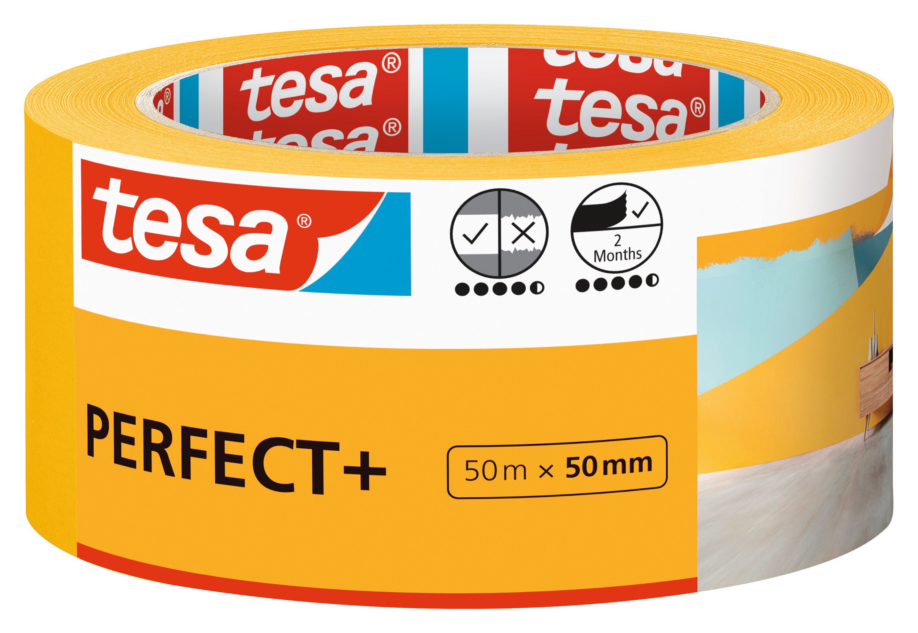tesa Kreppband PERFECT+ Malerband Abklebeband für sauberes Abkleben - 50 m : 50 mm (Packung, 1-St) für Malerarbeiten im Innenbereich - gelb