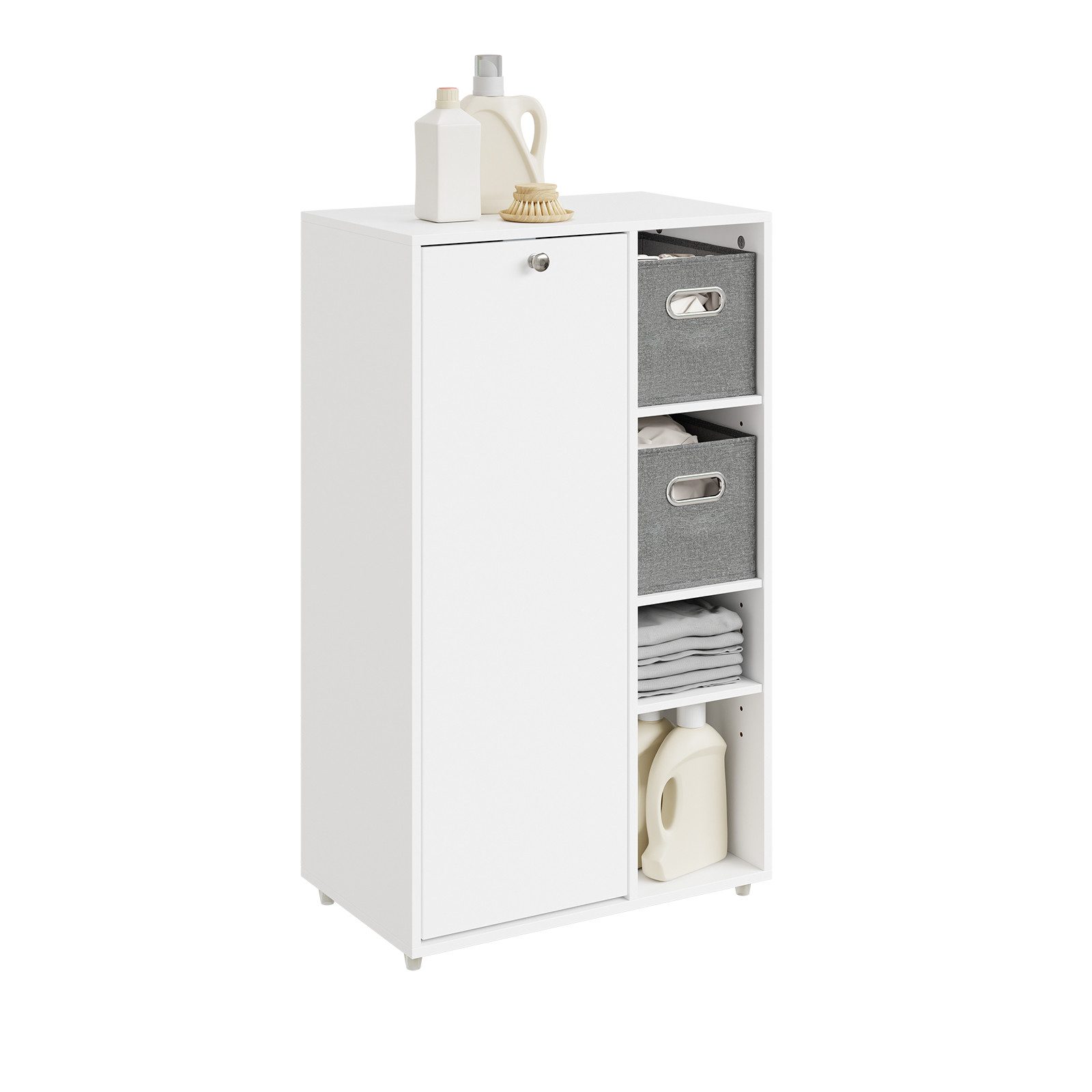SoBuy Wäscheschrank BZR218, Badezimmerschrank schmal, Wäscheschrank Wäschekorb Badkommode Badschrank mit Wäschekorb, mit 2 Stoffschubladen, Nischenschrank