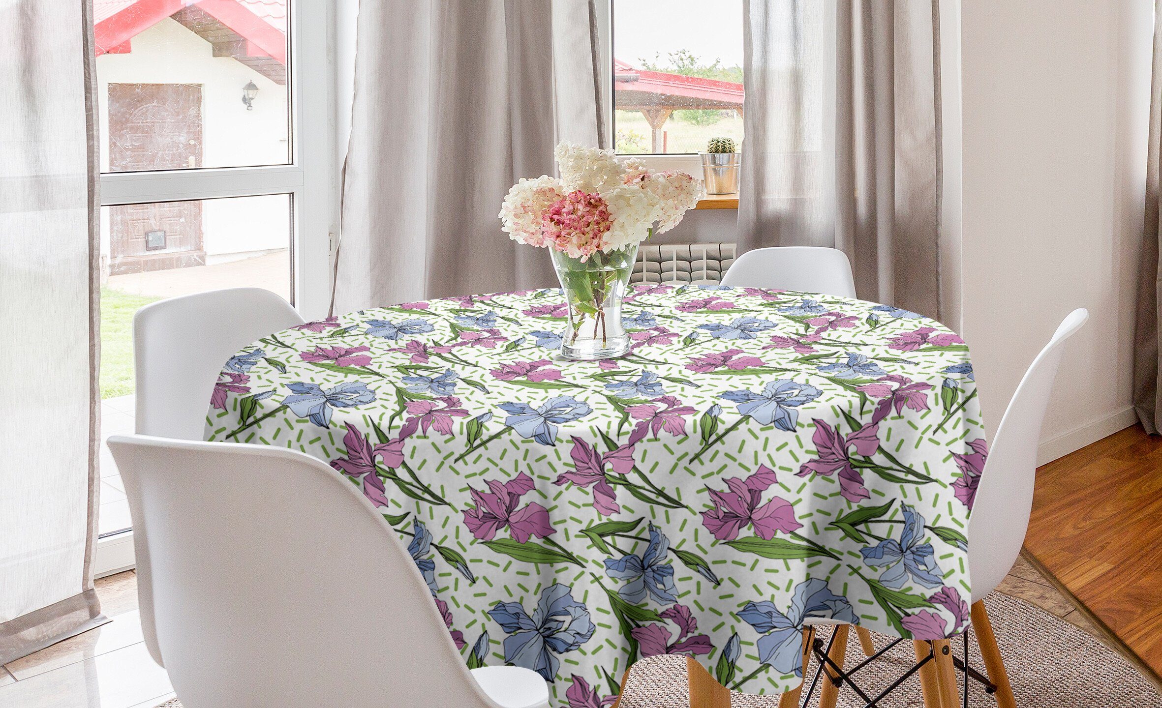 Abakuhaus Tischdecke Kreis Tischdecke Abdeckung für Esszimmer Küche Dekoration, Floral Iris-Blumen und Streifen