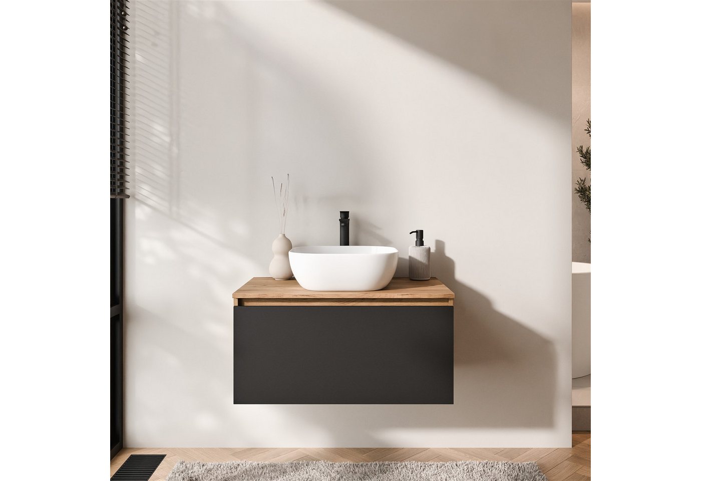 Planetmöbel Waschtisch-Set Arisa 2 teilig, Waschtisch mit Unterschrank 80 cm, Waschbecken 42 cm, (Waschtischunterschrank hängend für Gäste WC & Bad, schwarz, Badmöbel Set mit Waschbecken 42 cm weiß), Schublade mit Soft-Close Funktion