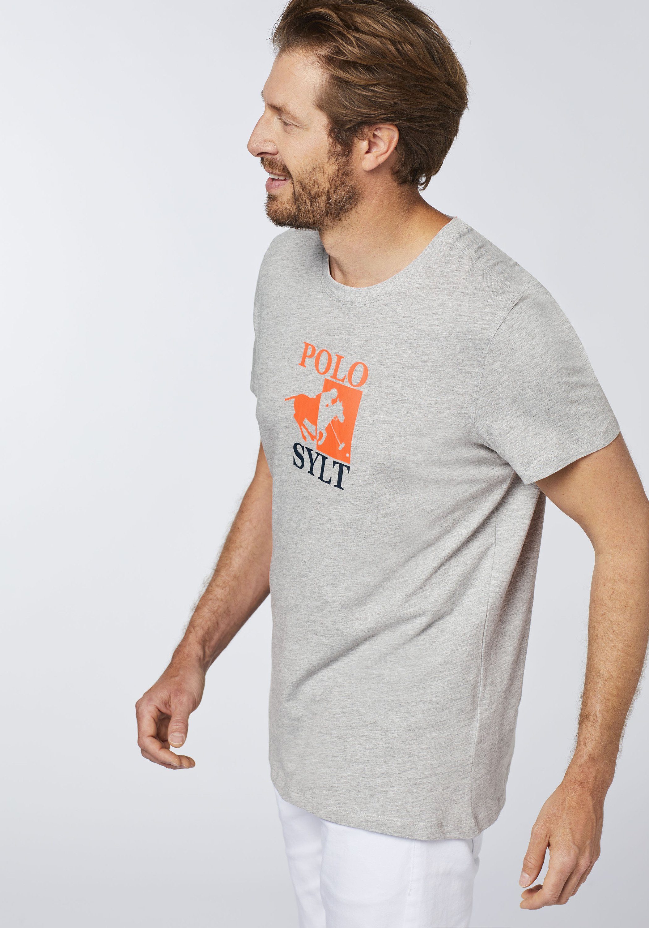 Polo Sylt Print-Shirt mit großem 17-4402M Neutral Gray Logoprint Melange