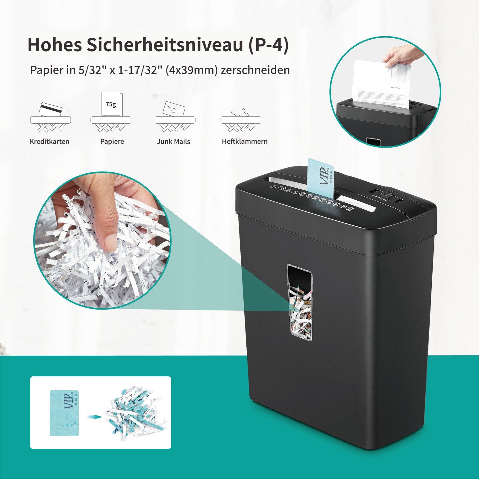 Tekoo Aktenvernichter Aktenvernichter P4 Partikelschnitt für Büro & Home-Office, 13 Liter, Sicherheitsstufe P-4, Partikelschnitt 4x39mm, 5 Blatt, 13L Volumen