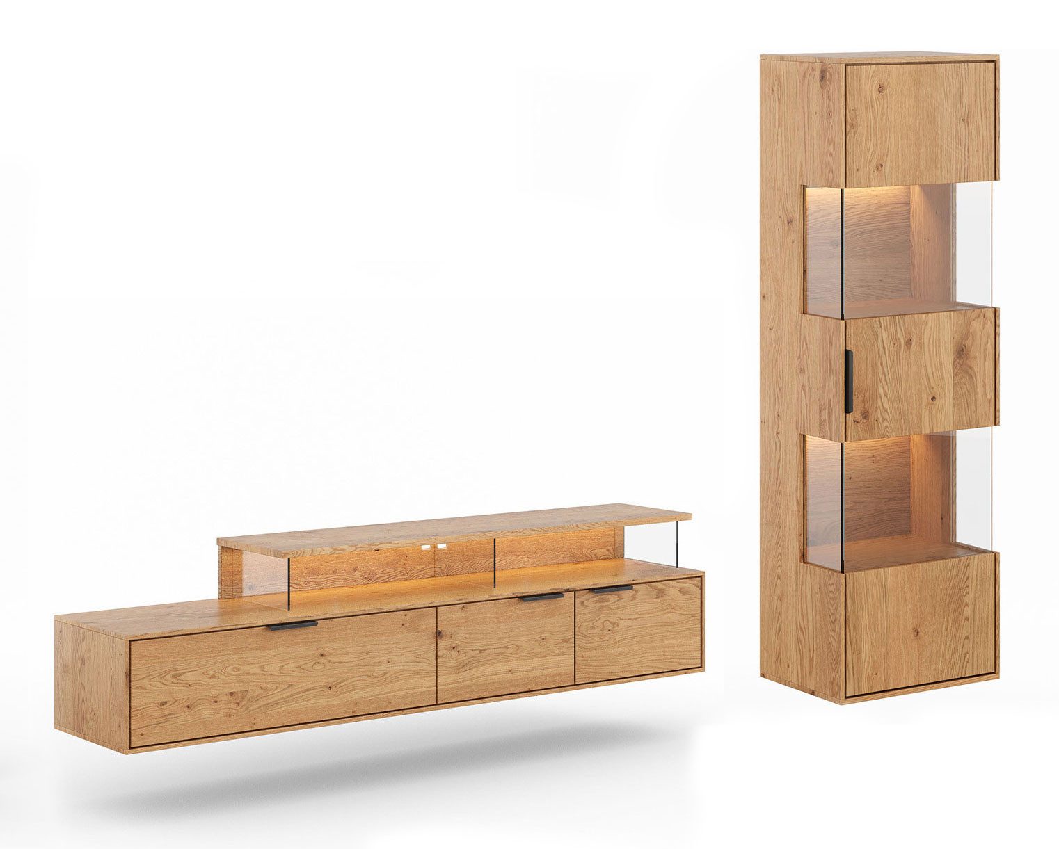 Feldmann-Wohnen Wohnwand Tirano, (mit Türen, mit Einlegeböden, mit Glaseinsatz, 2-St., Massivholz, geölte Oberfläche), Massivholz geölt 2er-Set Eiche Natur