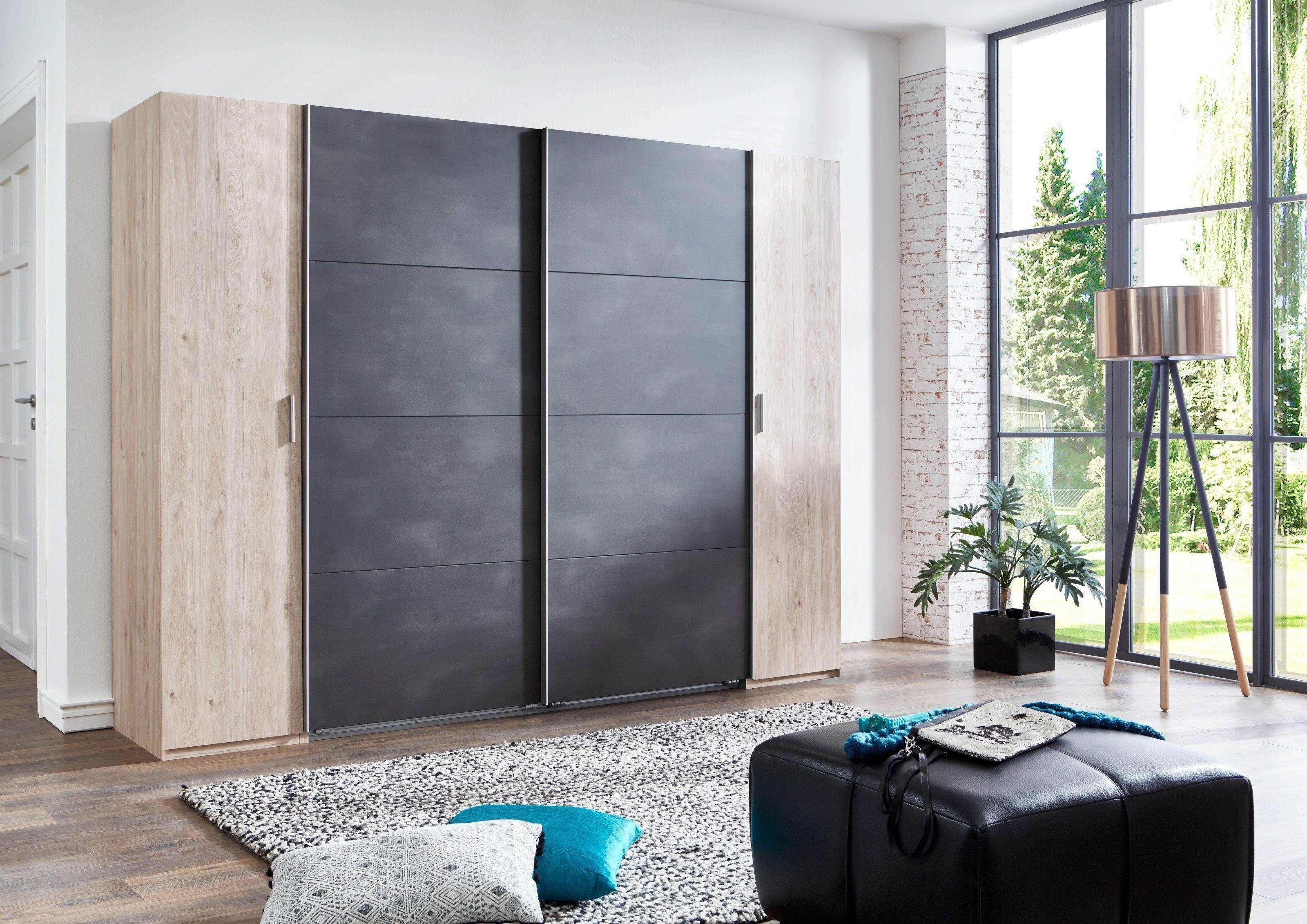 freiraum Dreh-/Schwebetürenschrank Lotto (BxH: 272x210 cm) in HICKORY OAK  NACHBILDUNG + RAW STEEL mit 4 Türen und 10 Einlegeböden, Artikel wird  zerlegt mit Aufbauanleitung geliefert