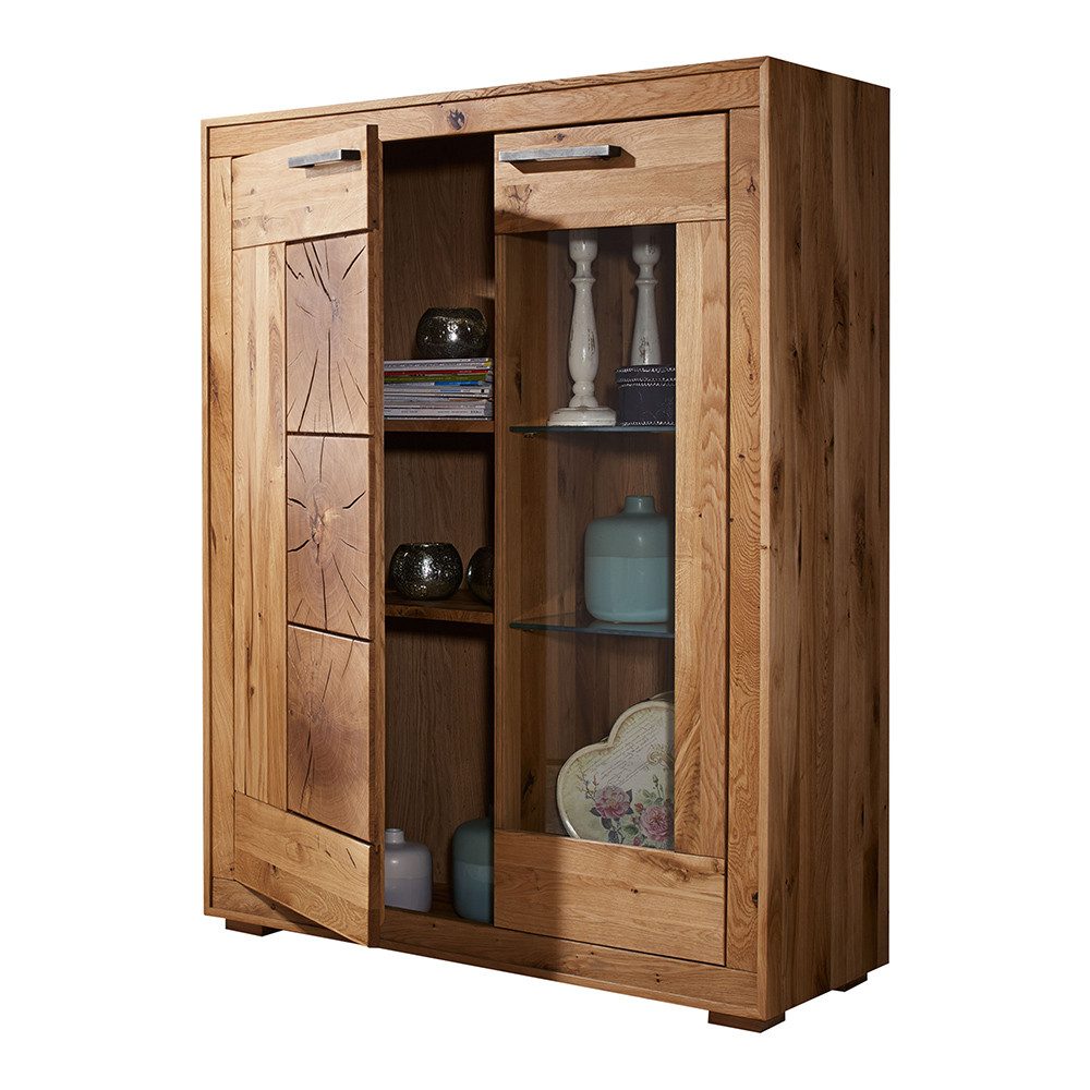 Lomadox Highboard WINNIPEG-69, Vitrinenschrank 103cm, Eiche massiv geölt, Hirnholz-Details, montiert
