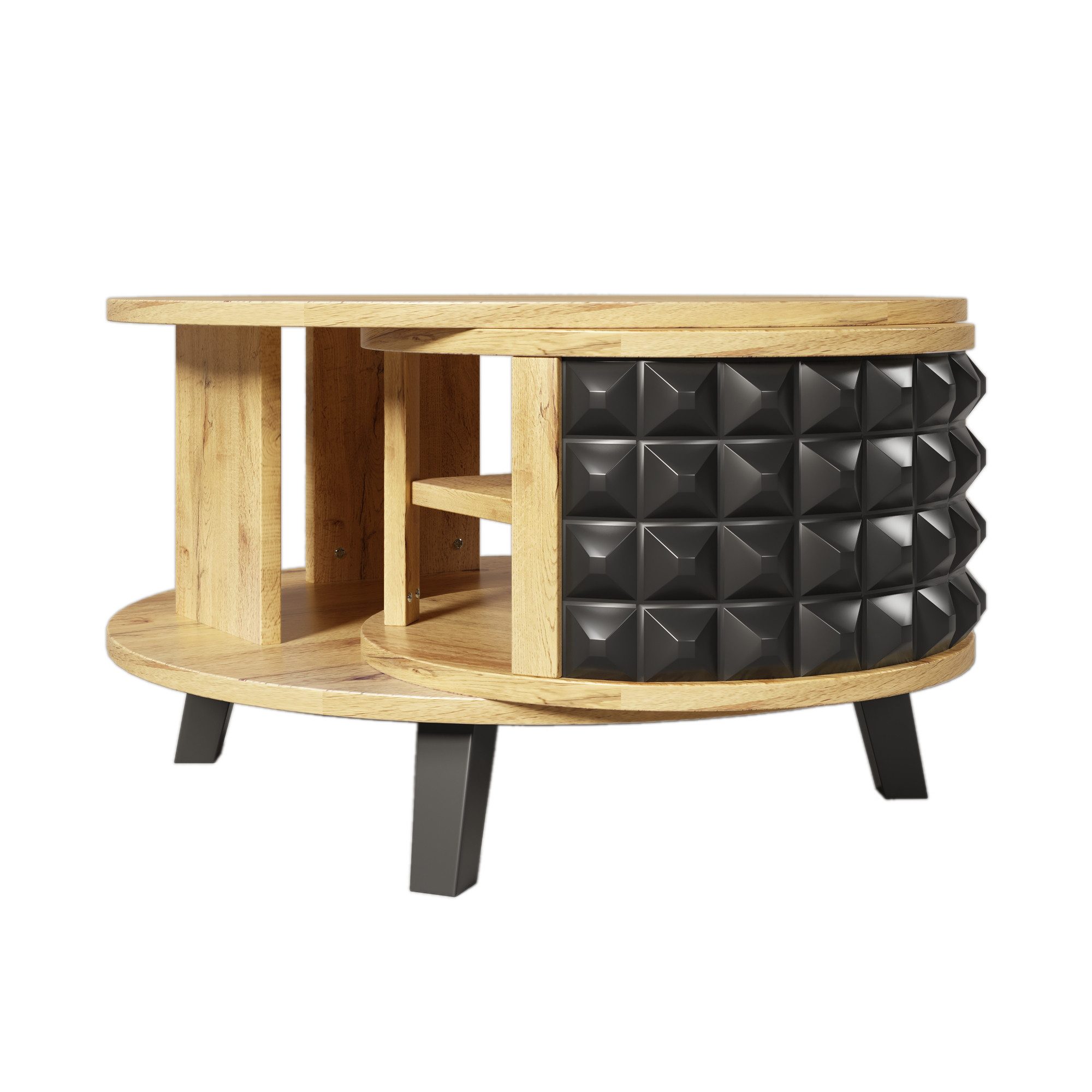 IDEASY Couchtisch Runder Couchtisch, 85,2*80*45,2(cm), original Holzfarbe und schwarz., PB/Plattenbrett, Doppeltes Tablett, Drehbarer Aufbewahrungsschrank