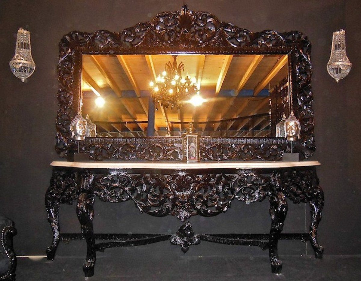 Konsole Casa Möbel mit Padrino - Marmorplatte mit Barockspiegel weißer Luxus Barock Wohnzimmer Schwarz Spiegelkonsole Spiegel Riesige