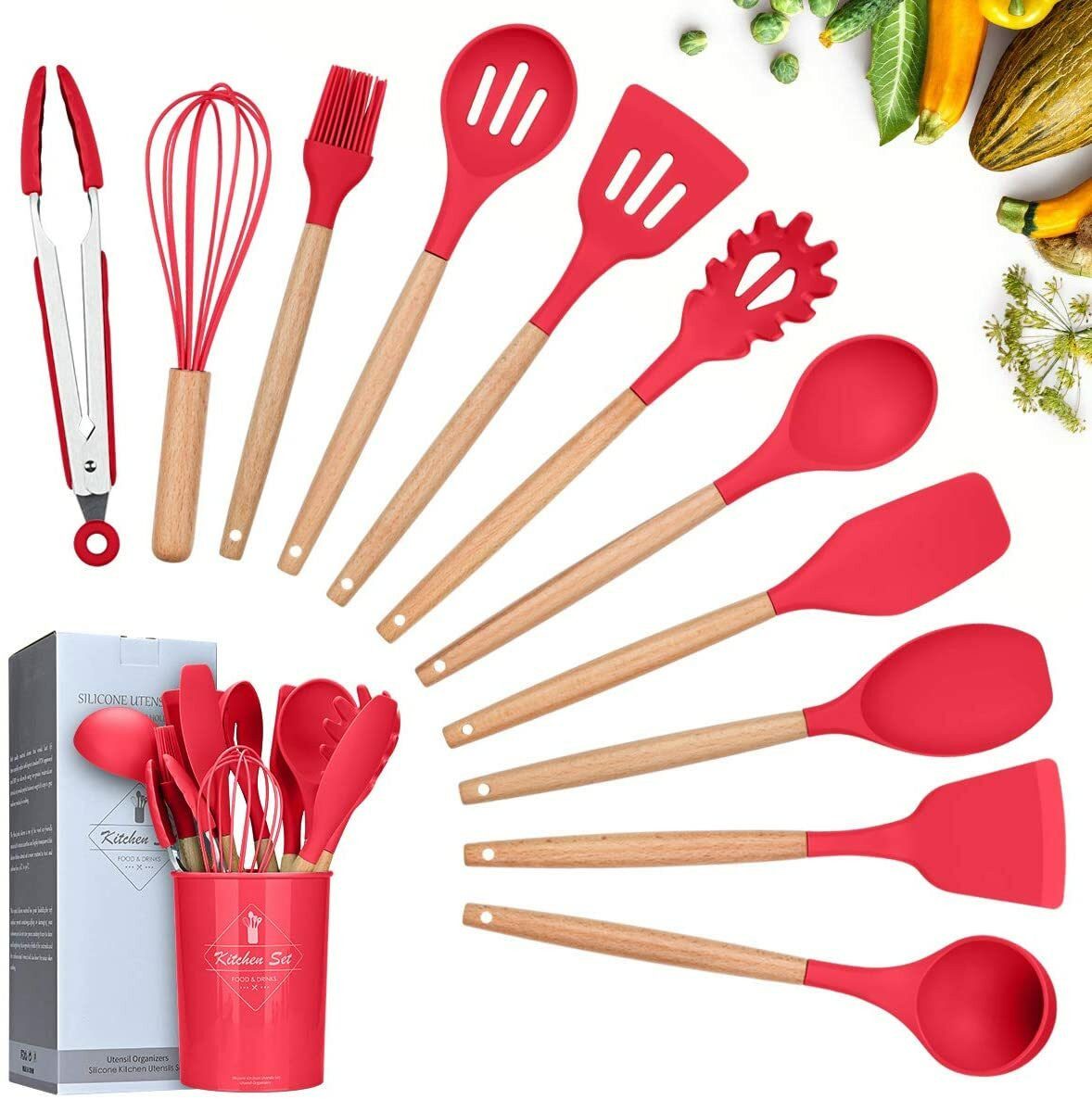 Faizee Möbel Kochbesteck-Set Kochbesteck-Set 12tlg Silikon Kochbesteck Holzgriff Küchenutensilien (12-tlg)