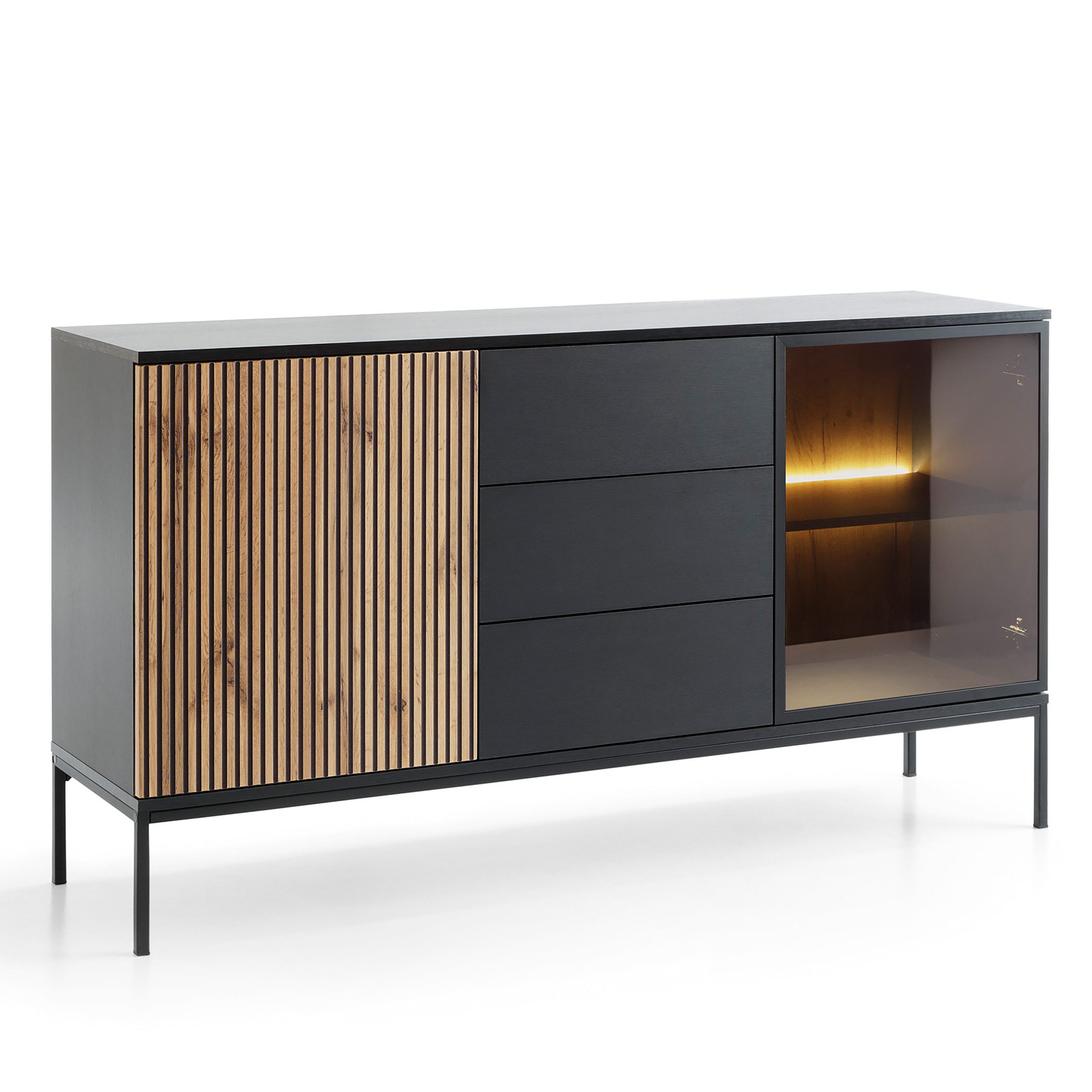 Masseno Kommode SENTIERO 154 cm Sideboard mit 3 Schubladen und 2 Türen Schwarz