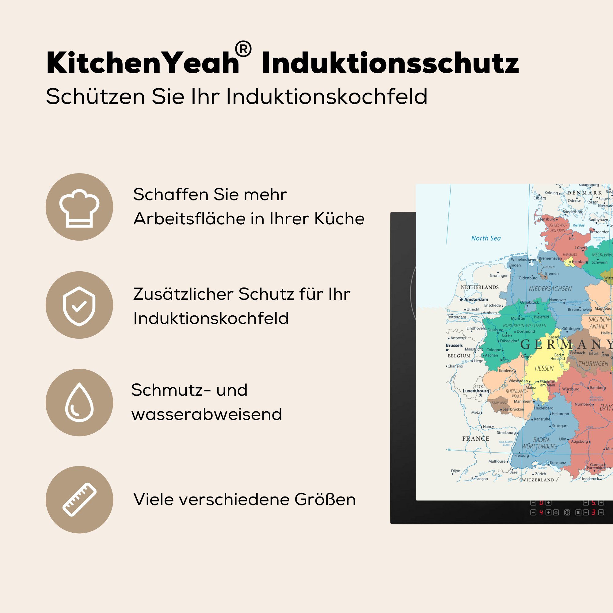 Vinyl, 78x78 MuchoWow Ceranfeldabdeckung, (1 tlg), Deutschland, von cm, Arbeitsplatte für küche Herdblende-/Abdeckplatte Karte Detaillierte