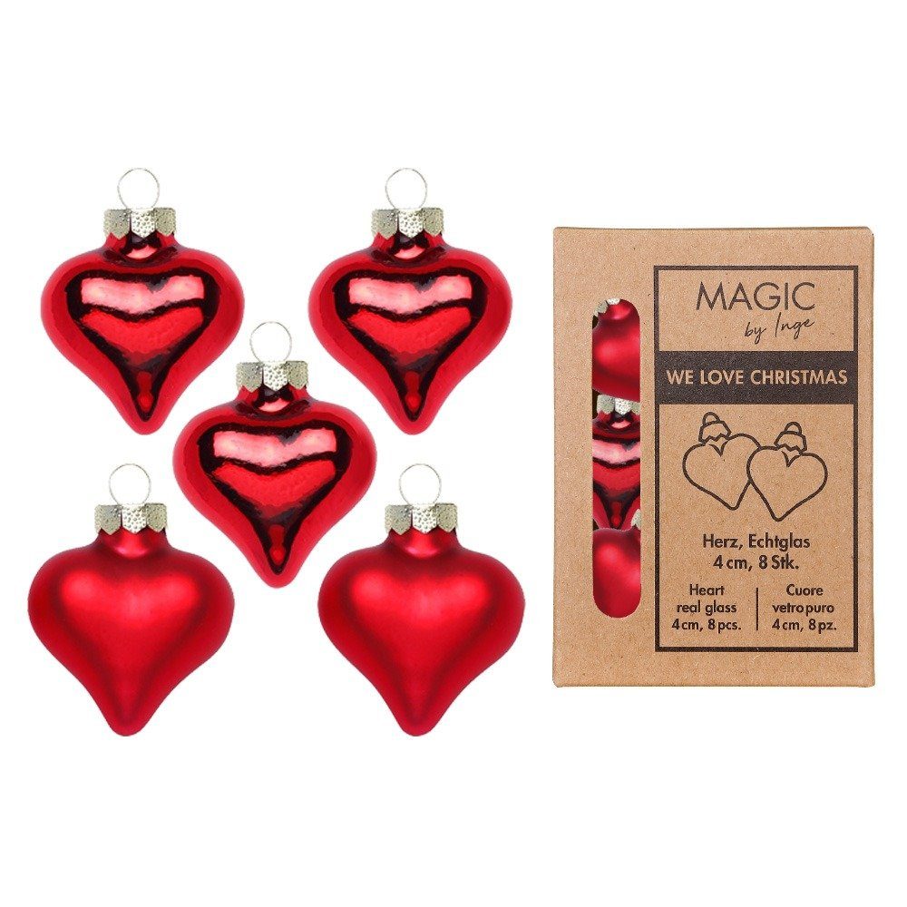 MAGIC by Inge Christbaumschmuck, Christbaumschmuck Herzen 4cm Glas 8 Stück - Merry Red
