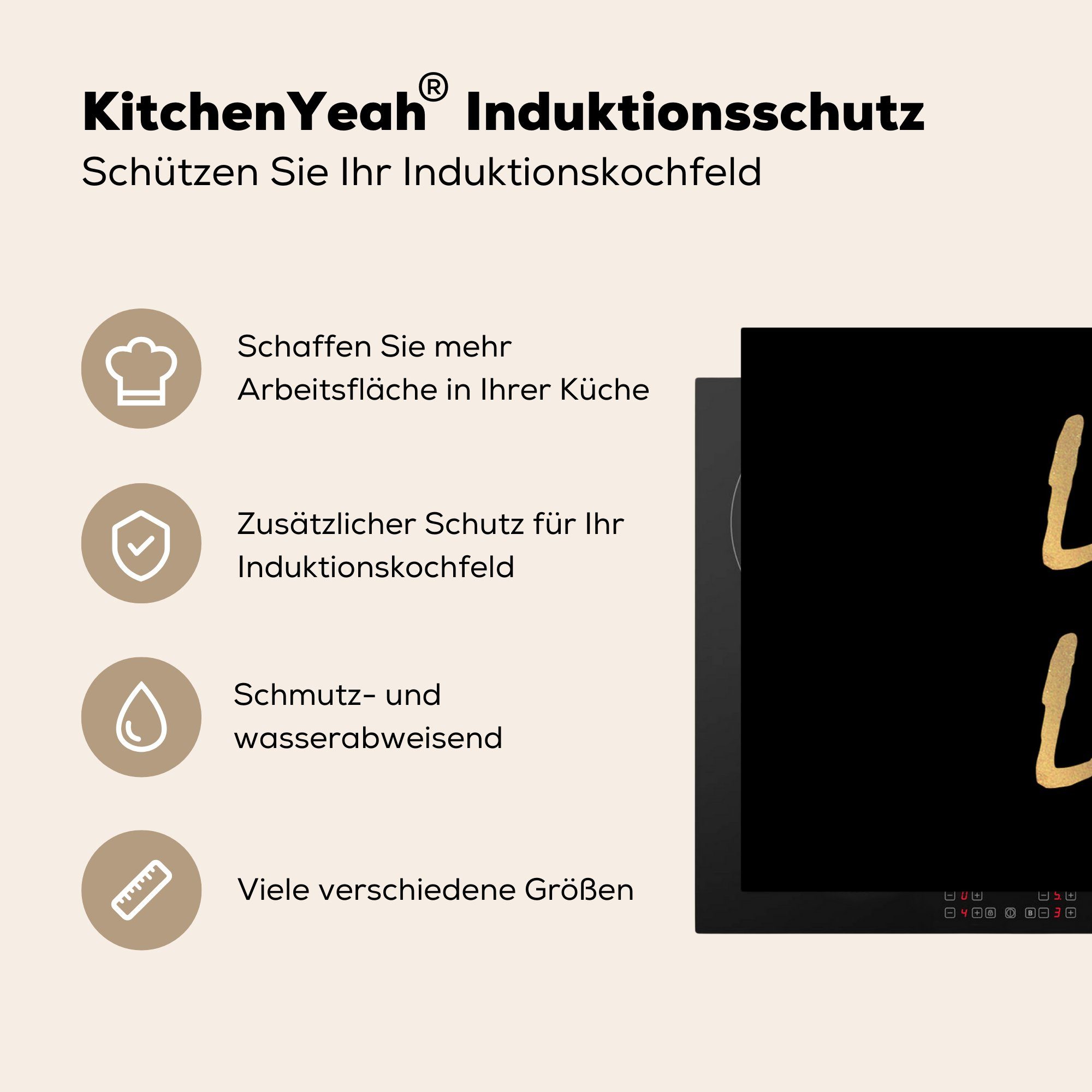 küche, tlg), für Induktionskochfeld Vinyl, Herdblende-/Abdeckplatte - Gold, die Zitat 81x52 cm, Liebe - Schutz Ceranfeldabdeckung MuchoWow (1