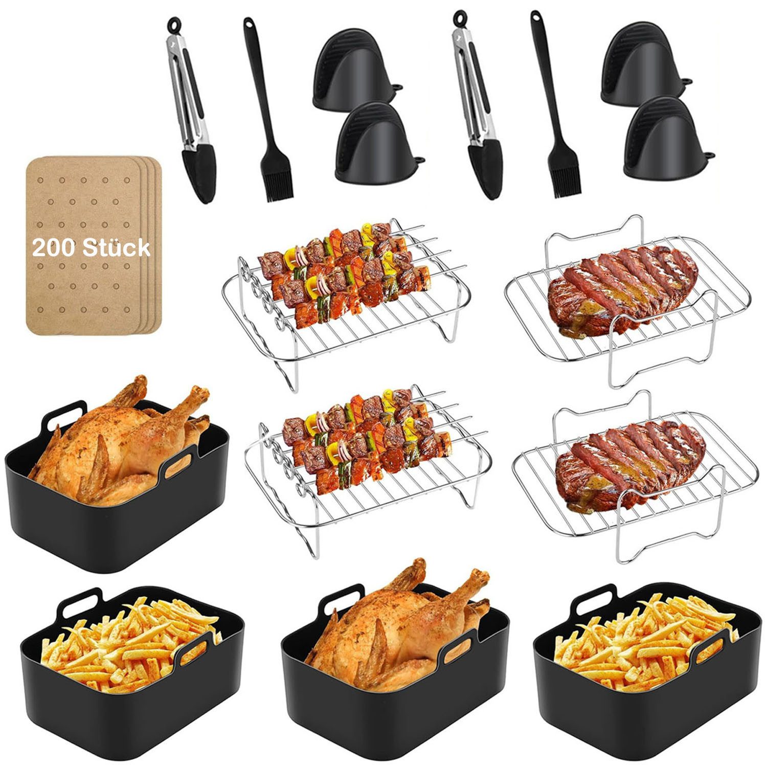 SURFOU Silikonform Airfryer Zubehör Heißluftfritteuse zubehör 26-teilig BPA-frei fürNinja, (für Ninja Foodi AF300EU AF400EU 7,6L-9,5L und die meisten Dual Zone Heißluftfritteusen, Schnell zubereitet, gesund, fettarm, 304Edelstahl, Lebensmittelechtes Silik