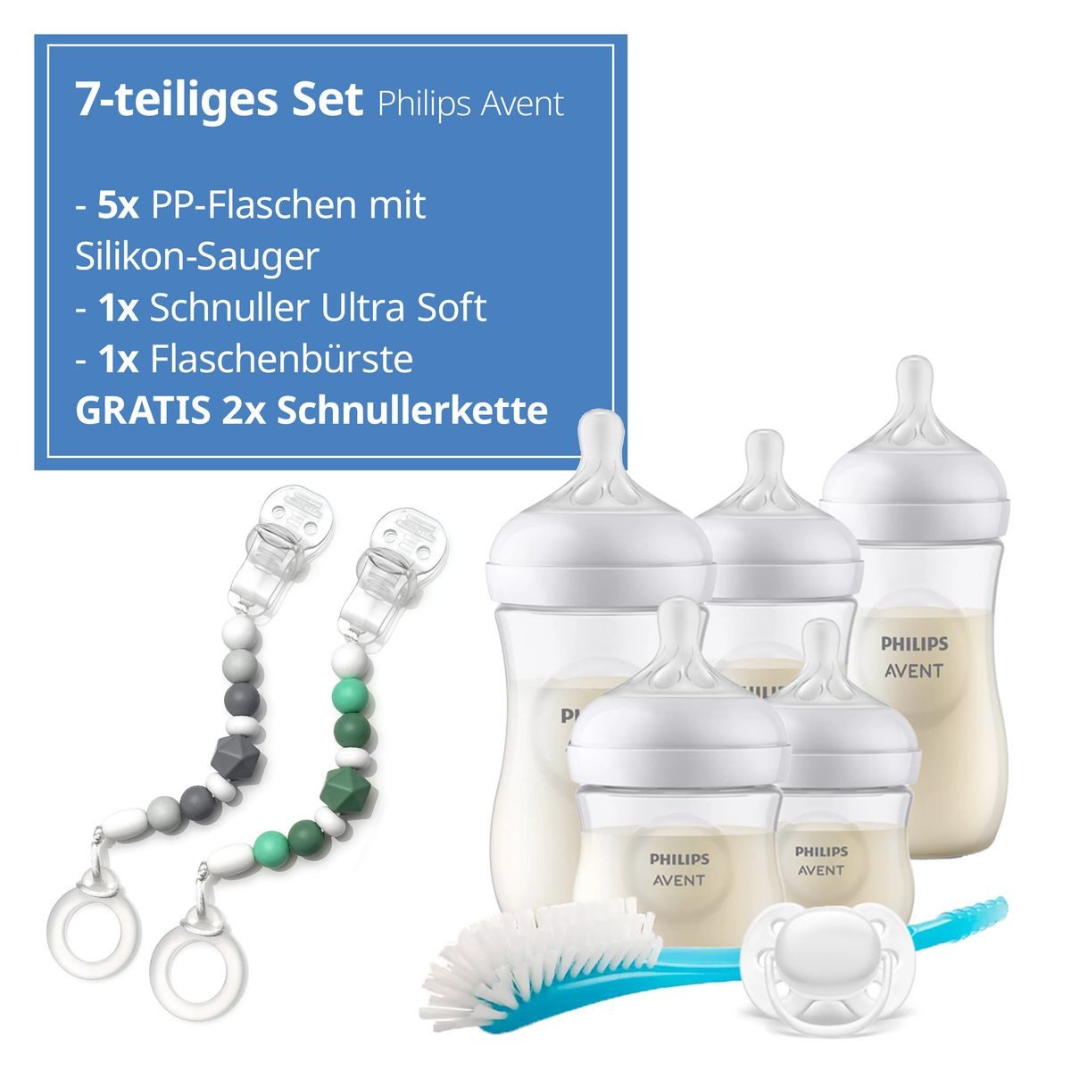 Philips AVENT Babyflasche Neugeborenen-Starter-Set Natural, 7 tlg. Set 5 Baby Flaschen, Schnuller, Flaschenbürste & Schnullerkette