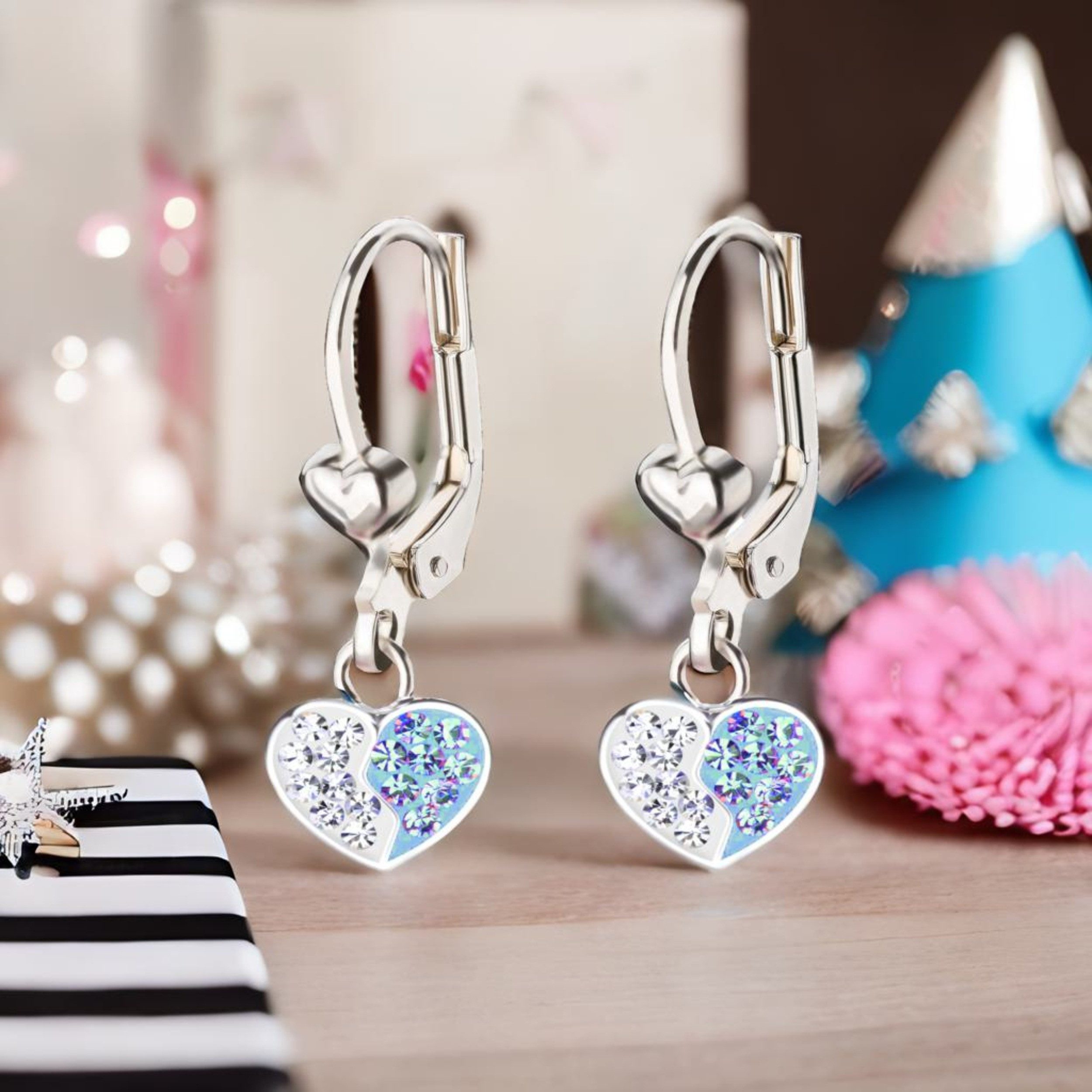schmuck23 Paar Ohrhänger Kinder Ohrringe Herz Kristalle 925 Silber, Kinderohrringe Kinderschmuck