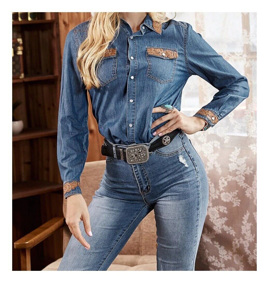 Westernbluse Applikation Jeanslook mit im Westernlifestyle Jeansbluse Floraler