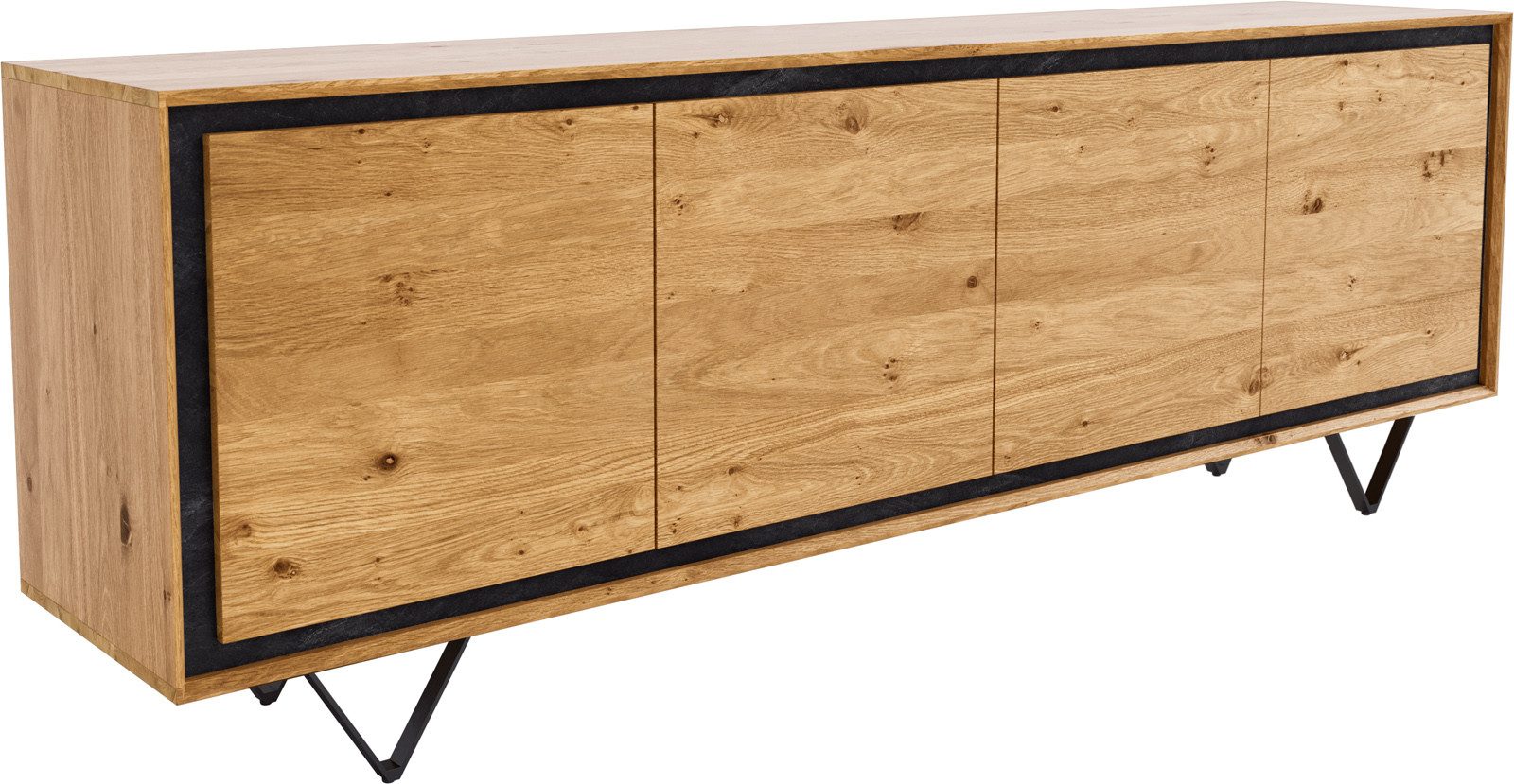 DELIFE Sideboard Stonegrace, Eiche Natur 200 cm 4 Türen Steinfurnier V-Fuß Metall Schwarz Sideboard