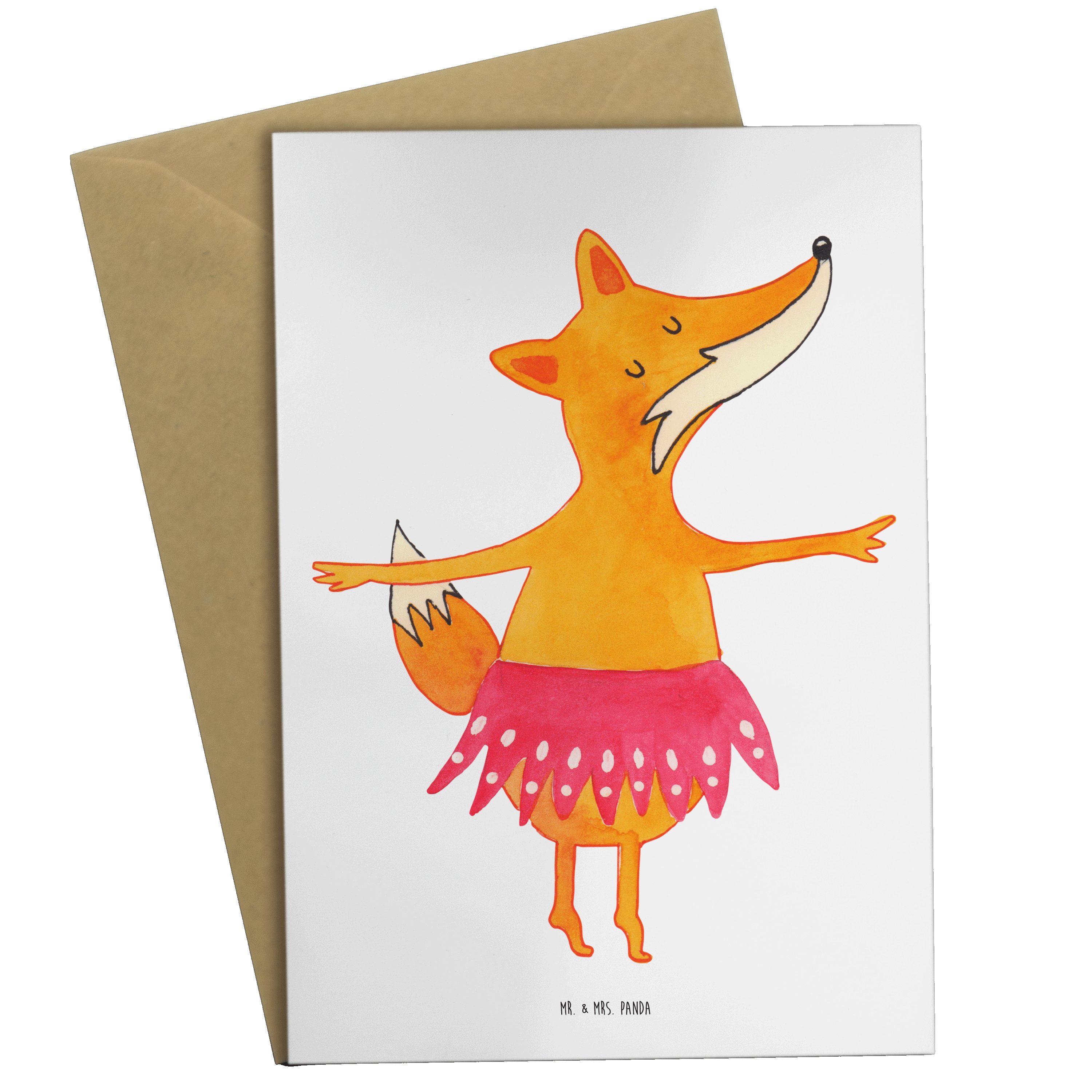 Mr. & Mrs. Panda Grußkarte Fuchs Ballerina - Weiß - Geschenk, Einladungskarte, rosa Tütü, Fuchs