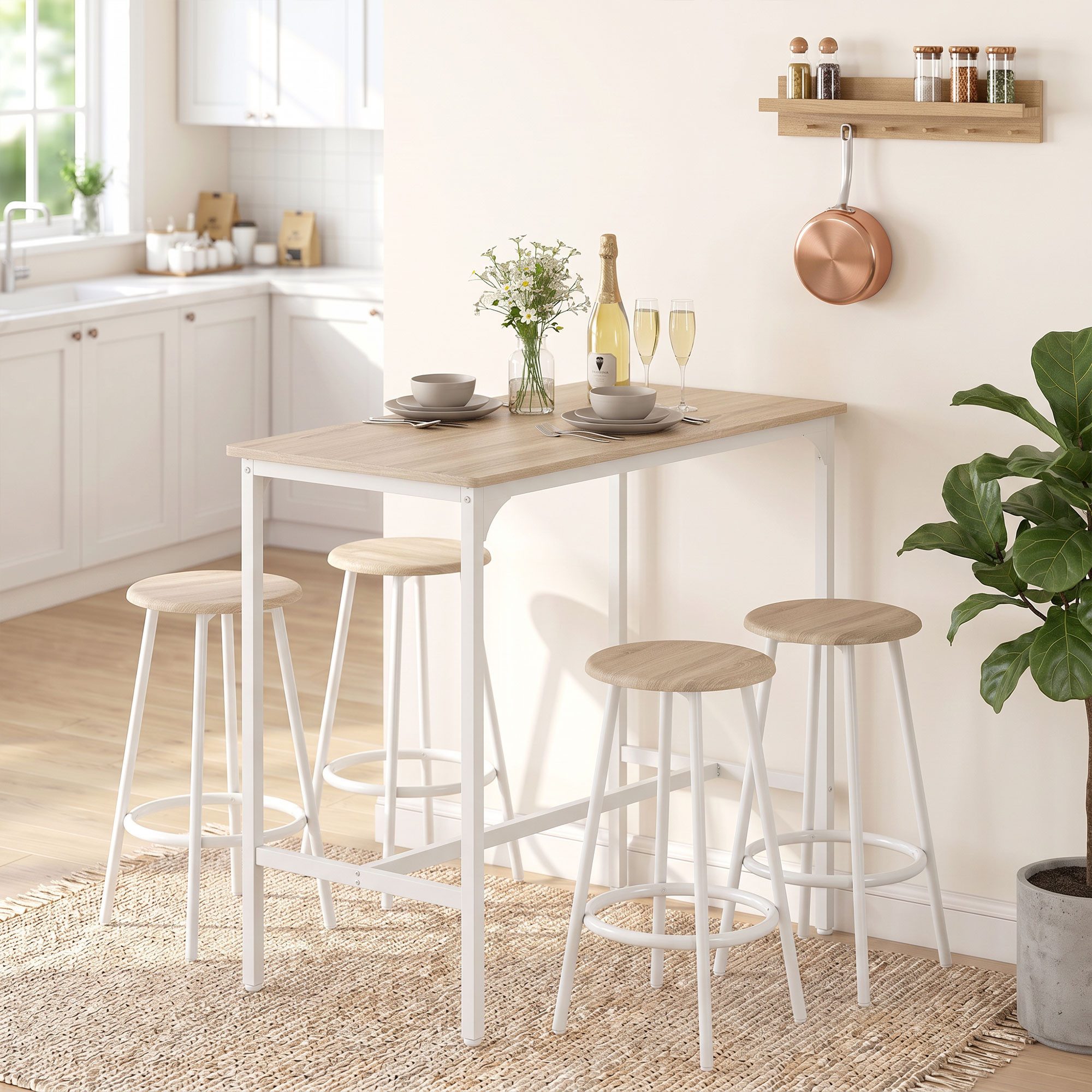 HOMCOM Bargruppe Tresentisch mit Fußstütze, (Set, 1 Tisch, 4 Stühle), Hocker unter Tisch verstaubar
