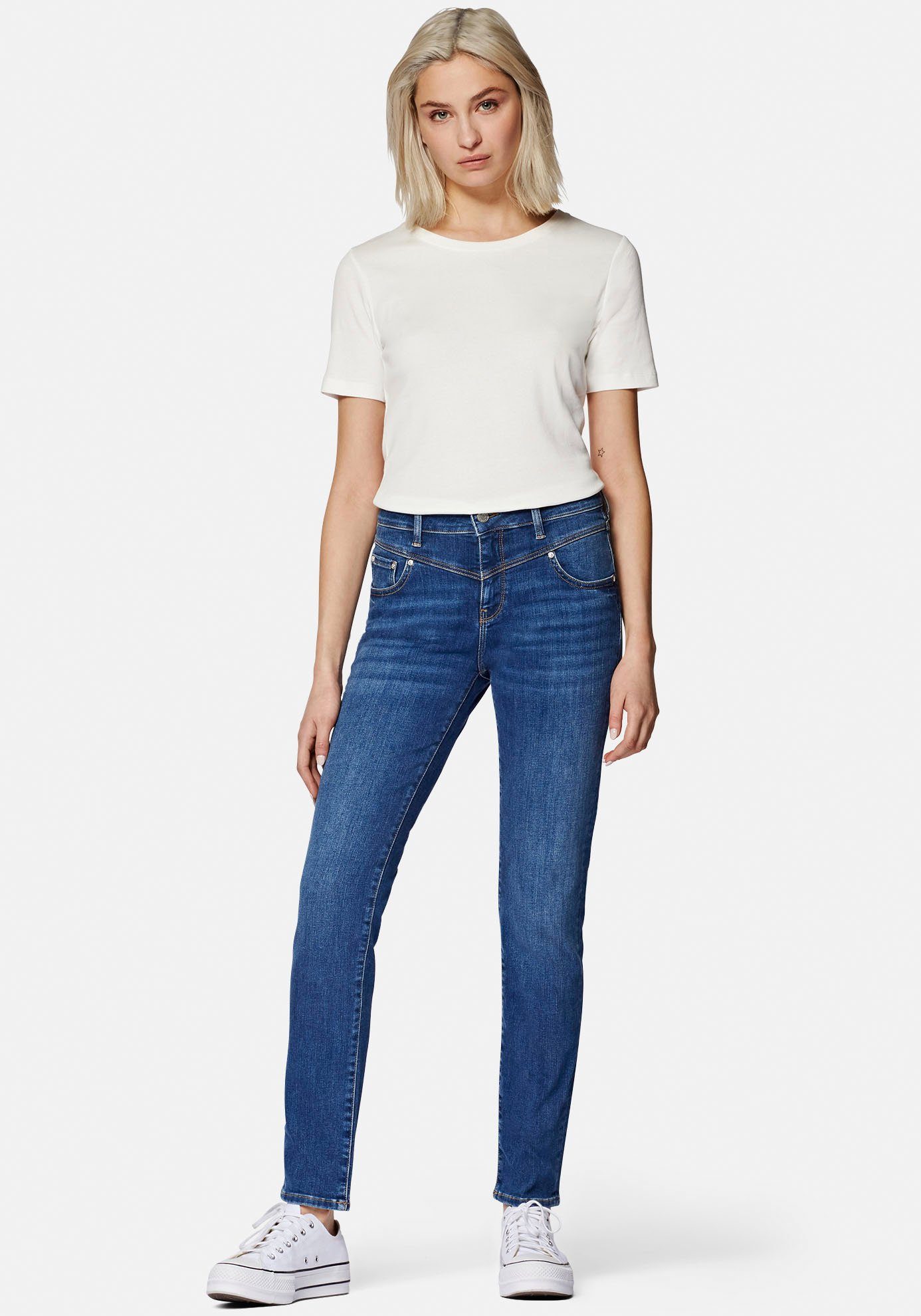 Mavi Slim-fit-Jeans trageangenehmer blue Verarbeitung hochwertiger mid dank Stretchdenim