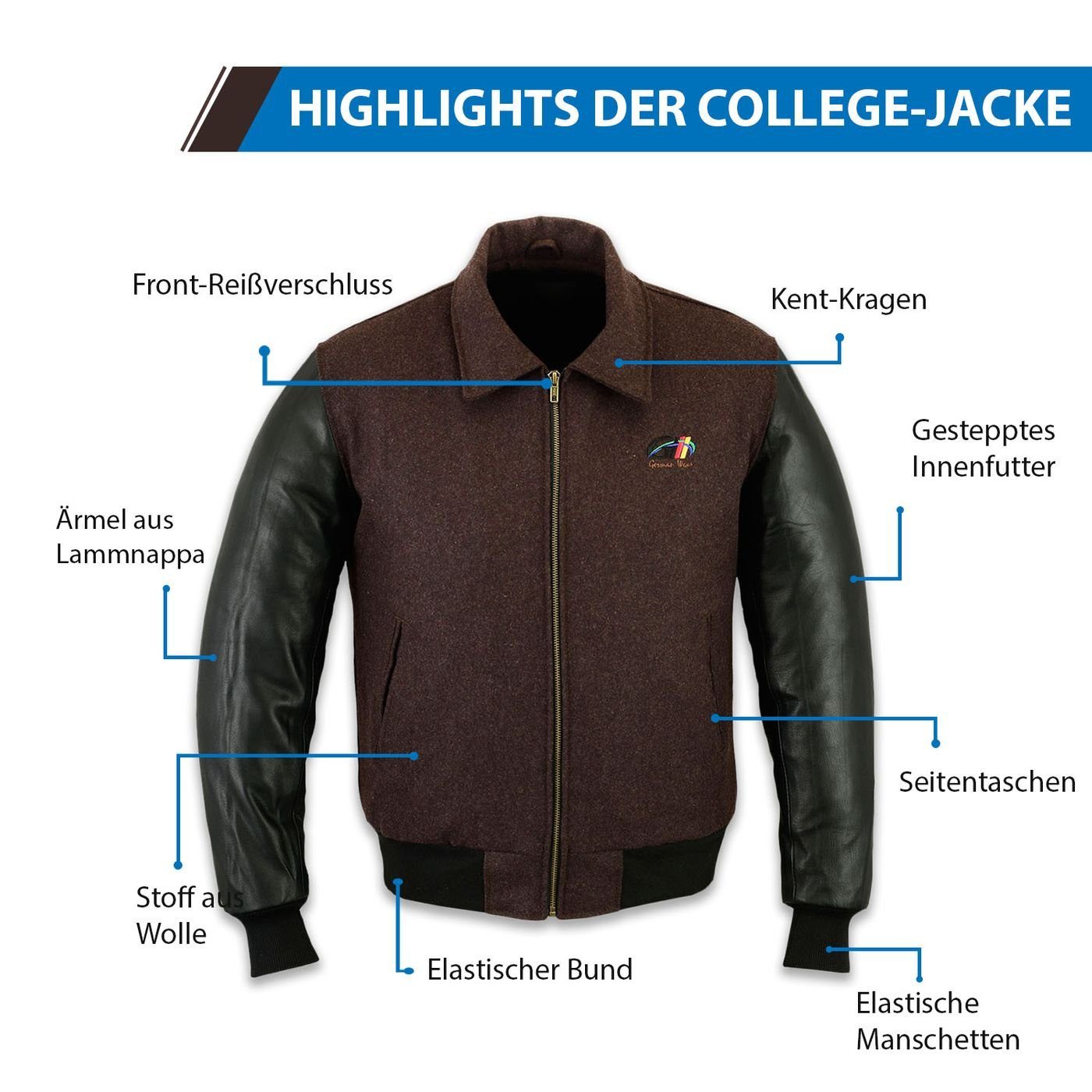 Collegejacke Wear mit German Wolljacke Lederärmeln CJ001 Dunkelbraun Collegejacke