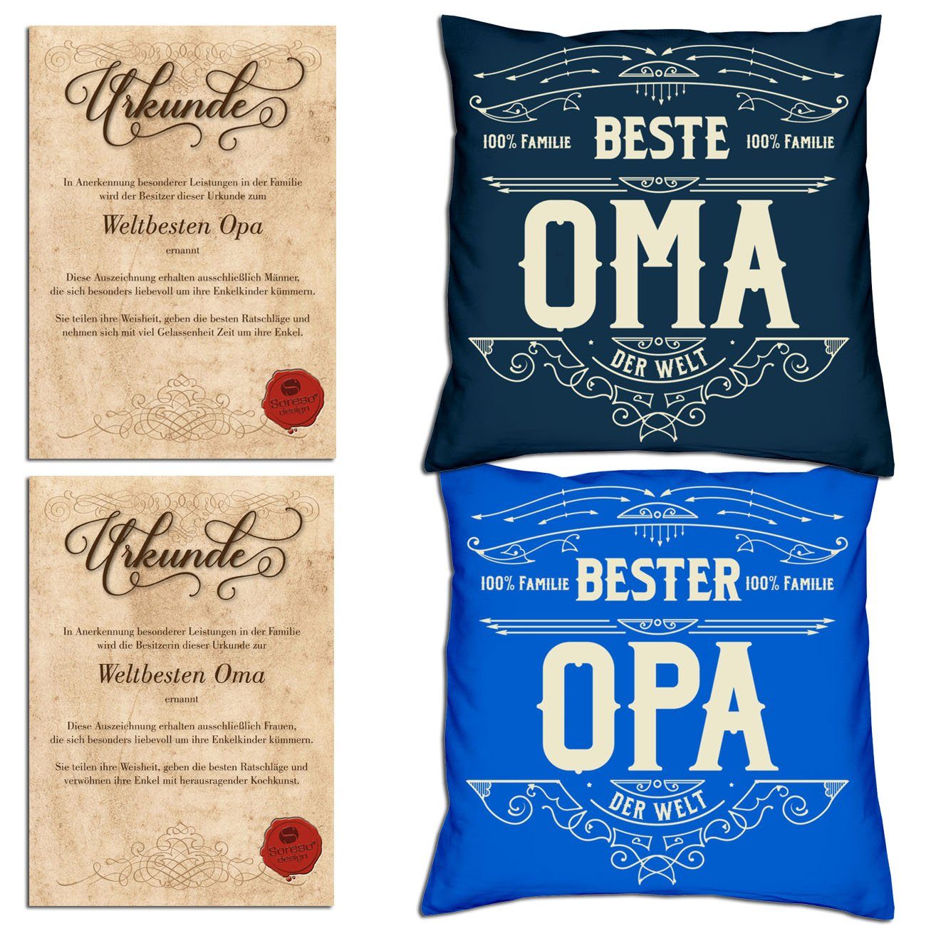 Soreso® Dekokissen Kissen-Set Bester Opa Beste Oma mit Urkunden, Weihnachtsgeschenk für Großeltern navy-blau