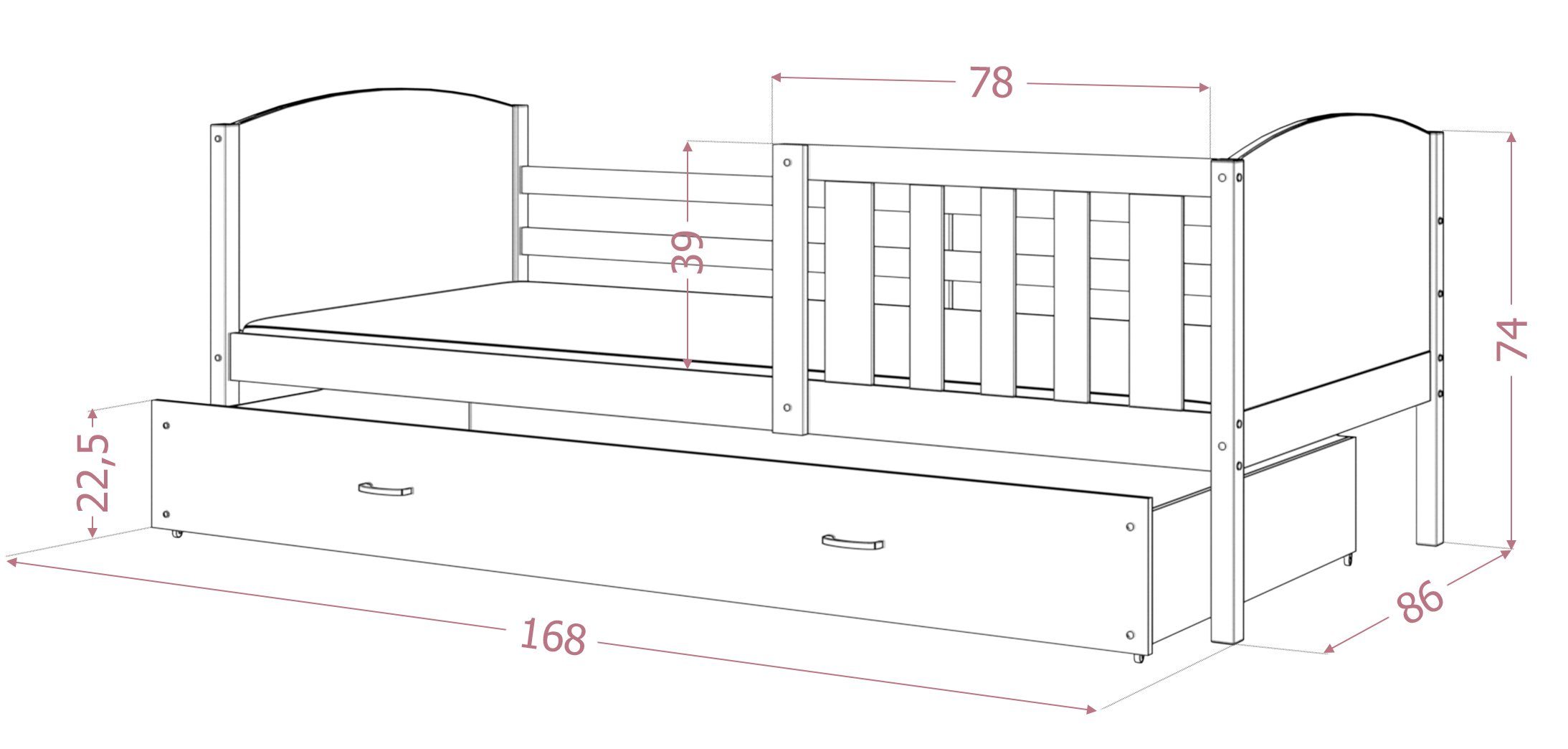 Möbelplatte Siblo Einzelbett Sicherheitsbarriere, Tommy (Flexibler Weiß Schaummatratze), Lattenrost, Schublade, P