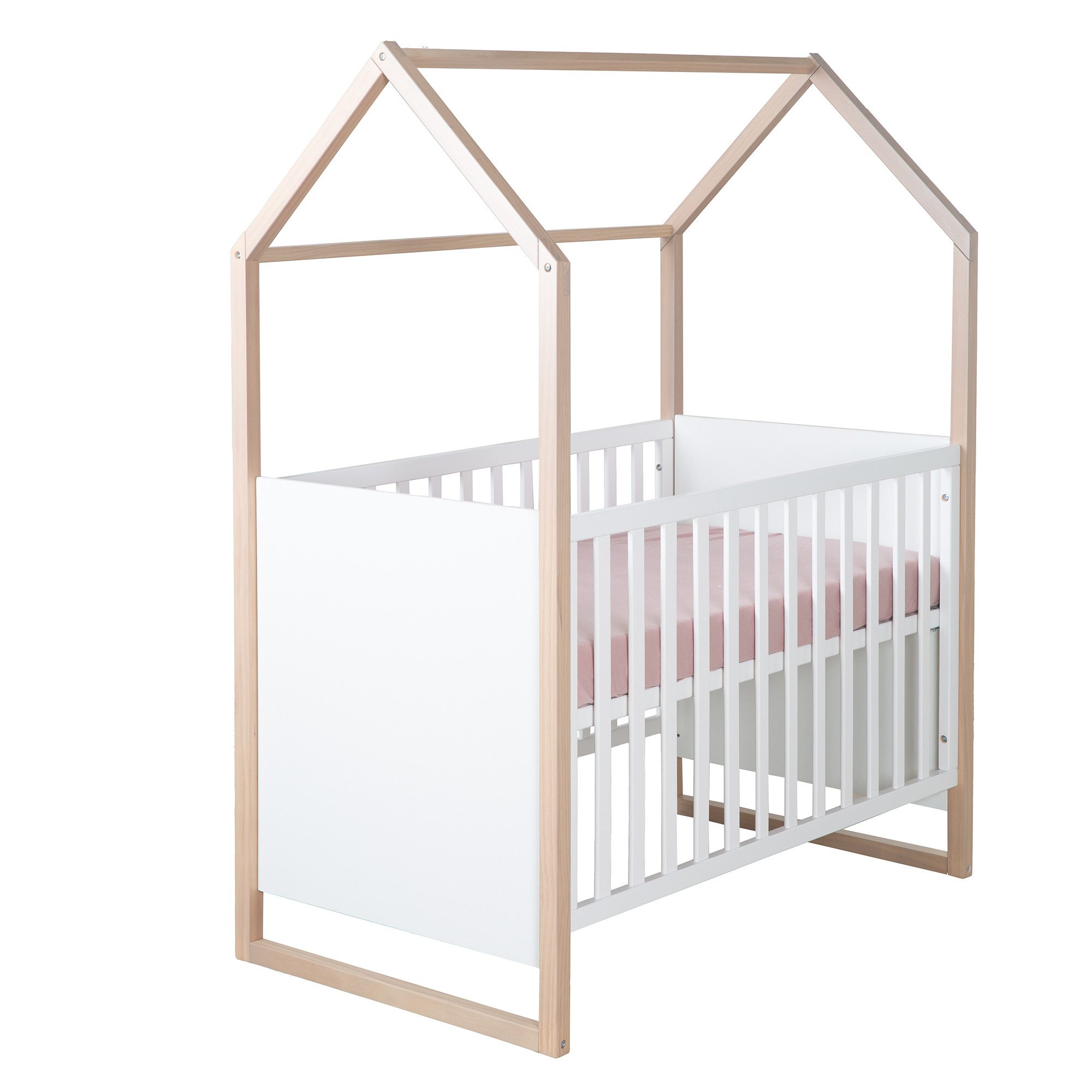 Babybett Cabane 60 x 120 cm - 2-in-1 Baby- und Beistellbett in Hausoptik