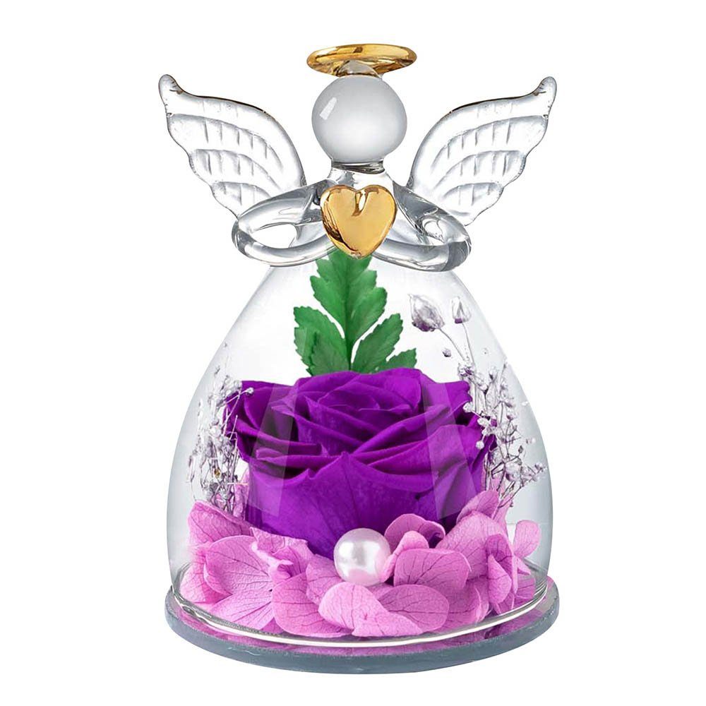 Kunstblume Glas-Engel-Figuren, für Muttertag Valentinstag Weihnachten Rose, Rosnek, Konservierte Blumen Lila