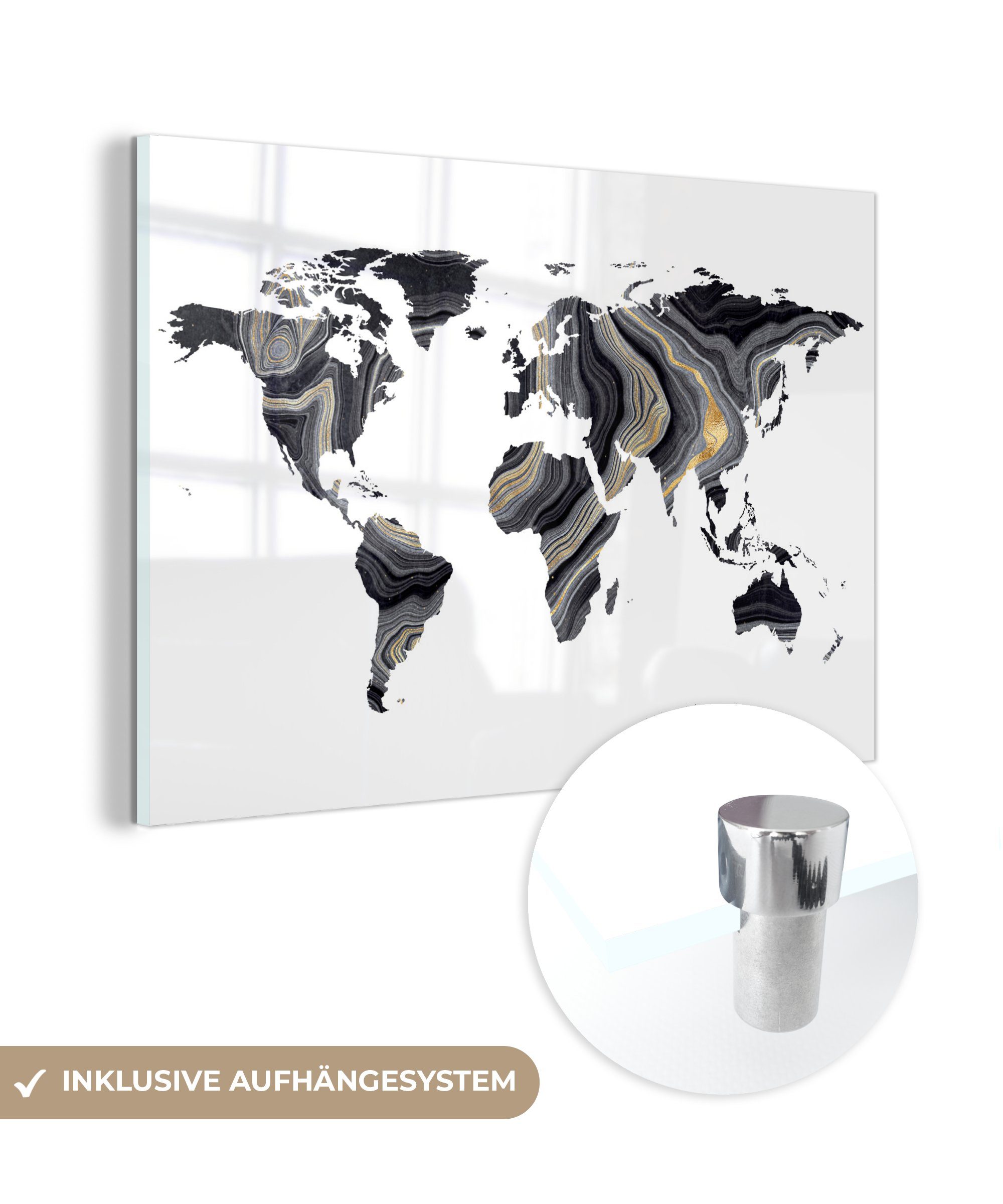 MuchoWow Acrylglasbild Weltkarte - Farbe - Gold, (1 St), Glasbilder - Bilder auf Glas Wandbild - Foto auf Glas - Wanddekoration
