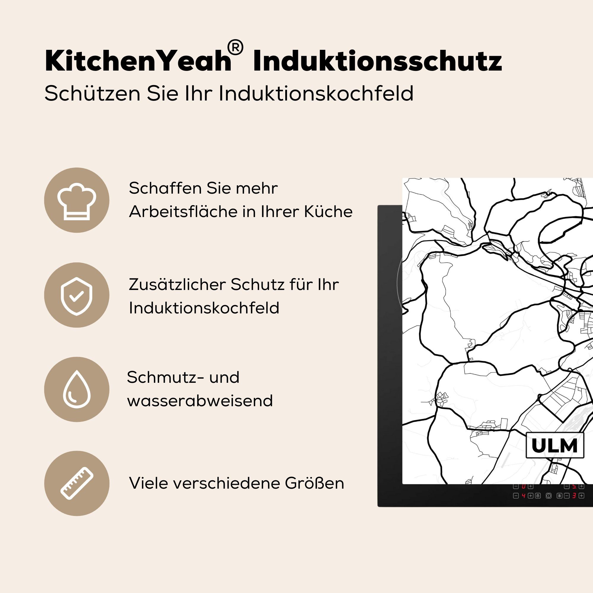 78x78 küche - Ceranfeldabdeckung, Arbeitsplatte Vinyl, (1 Ulm Stadtplan, MuchoWow cm, tlg), Karte - für Herdblende-/Abdeckplatte