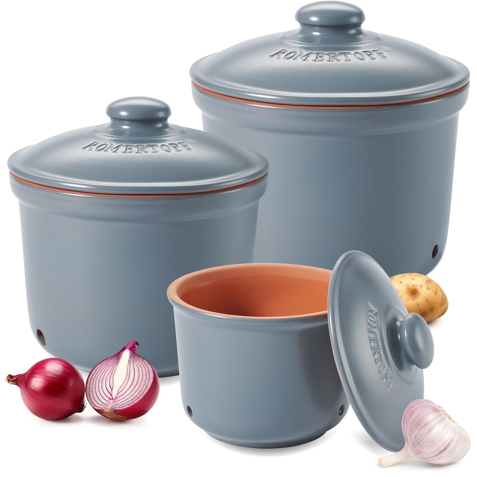 RÖMERTOPF Römertopf Frische-Topf 3er Set, Blau-grau, (Set), aus Naturton