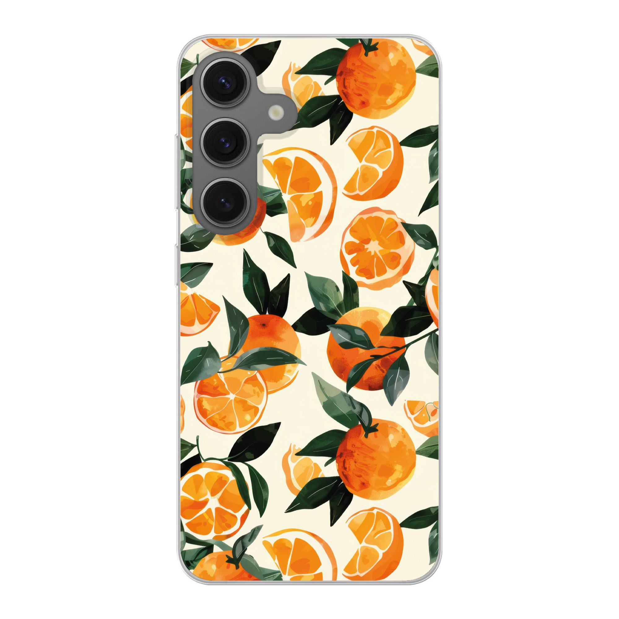 MuchoWow Handyhülle für Samsung Galaxy S25 Orangen - Früchte - Blätter - Orange - Grün - B, Phone Case, Silikon, Schutzhülle Dünn