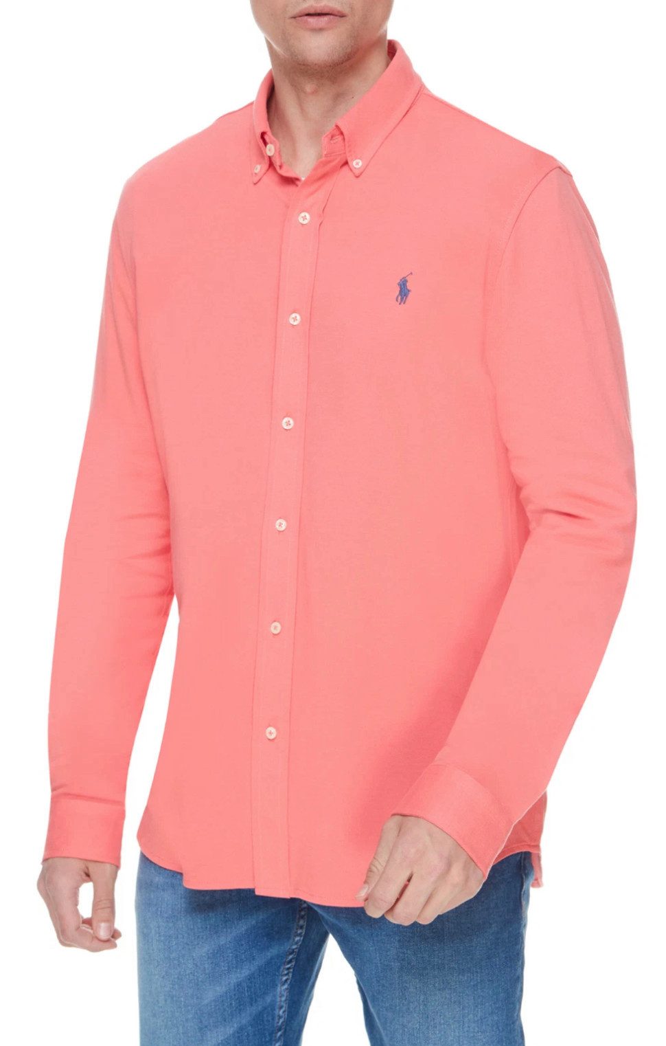 Polo Ralph Lauren Langarmhemd Herren Featherweight Mesh Piqué Custom Slim Fit Shirt Hemd Atmungsaktive Mesh-Struktur, klassisches Brustlogo