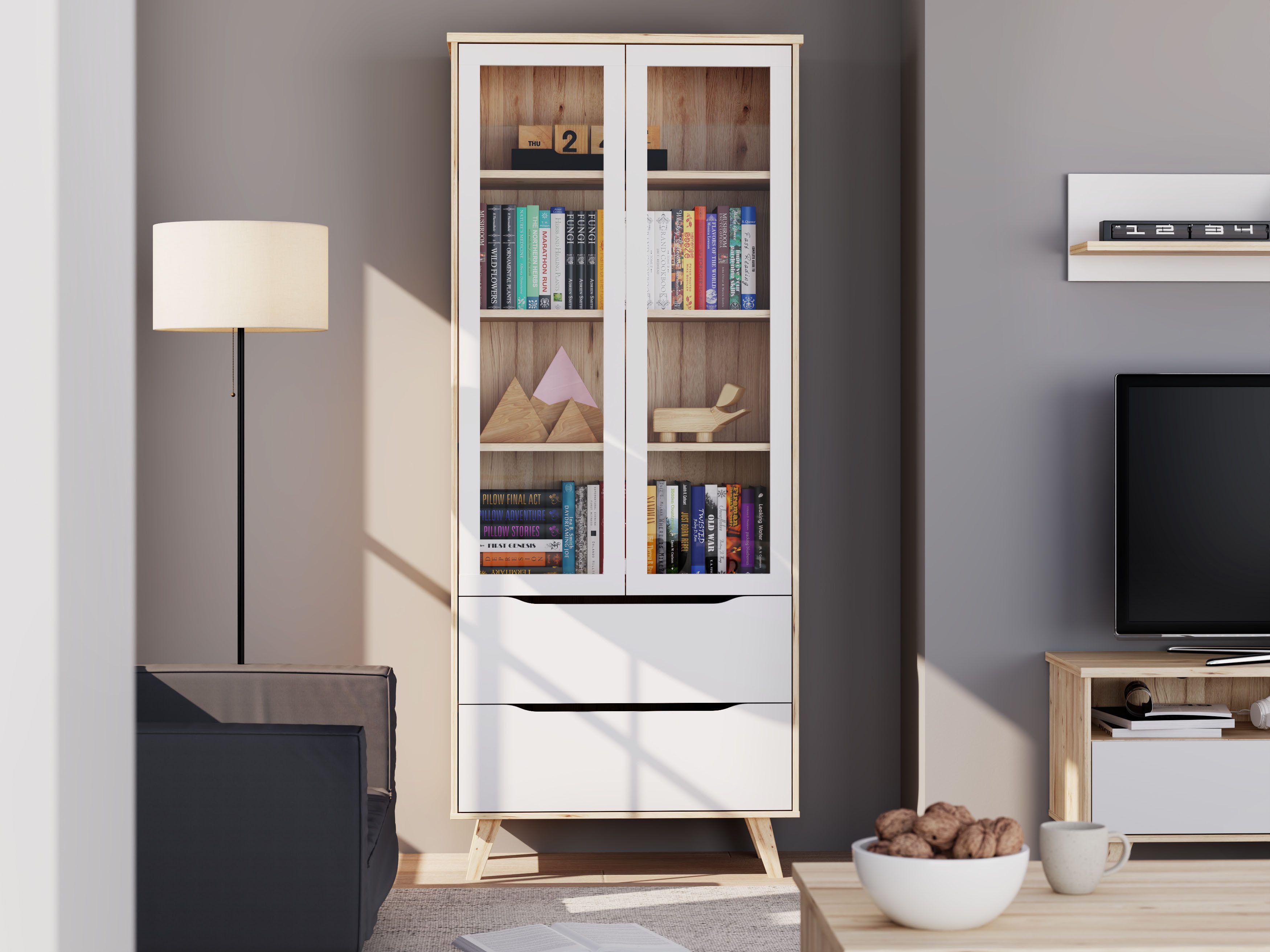 FORTE Vitrine Vankka Stauraumvitrine (B/H/T 84,7/201,5/41,7 cm) 2 Glastüre, Grifflos, zeitloses Design, 2 Schubkästen – Bild 2 von 5