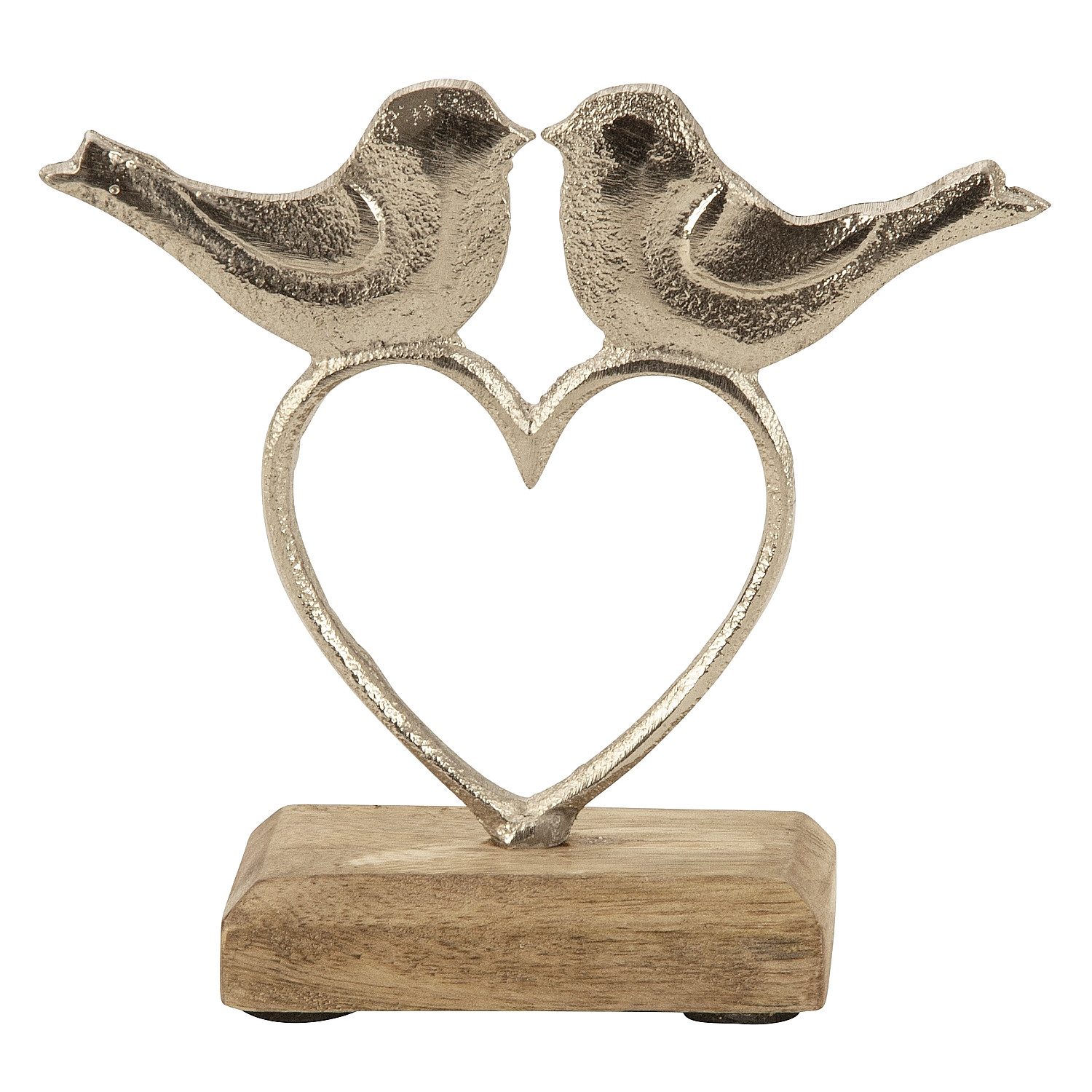 Macosa Home Dekofigur Herz mit Vögel auf Holzsockel 12 cm (Dekoherz Dekovögel, 1 St., Fensterbank-Dekoration Wohndekoration), Metallherz Dekoherz Metall Figur