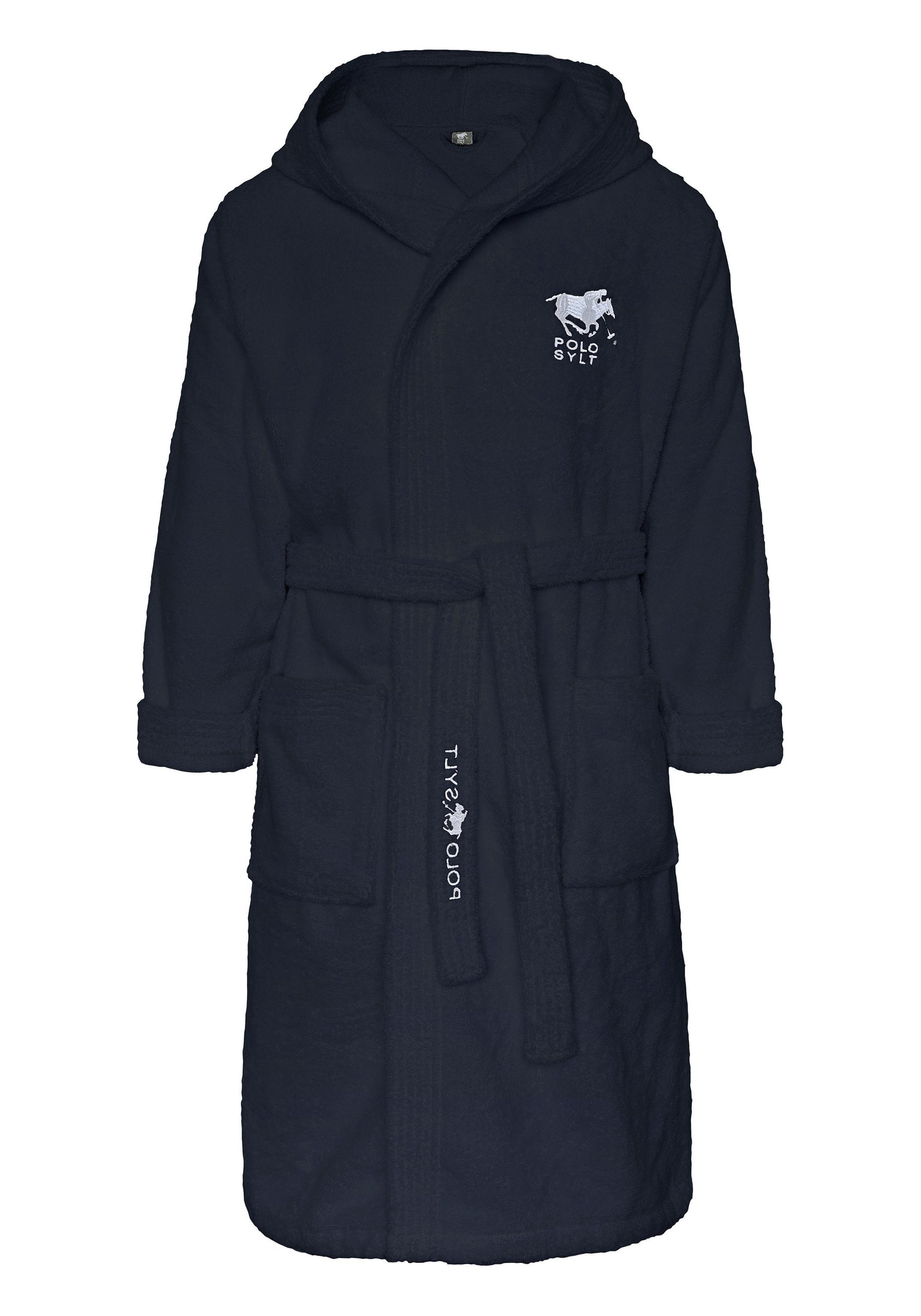 Polo Sylt Bademantel mit Logos, Gürtel und aufgesetzten Taschen, langform, Baumwolle, Gürtel dunkelblau