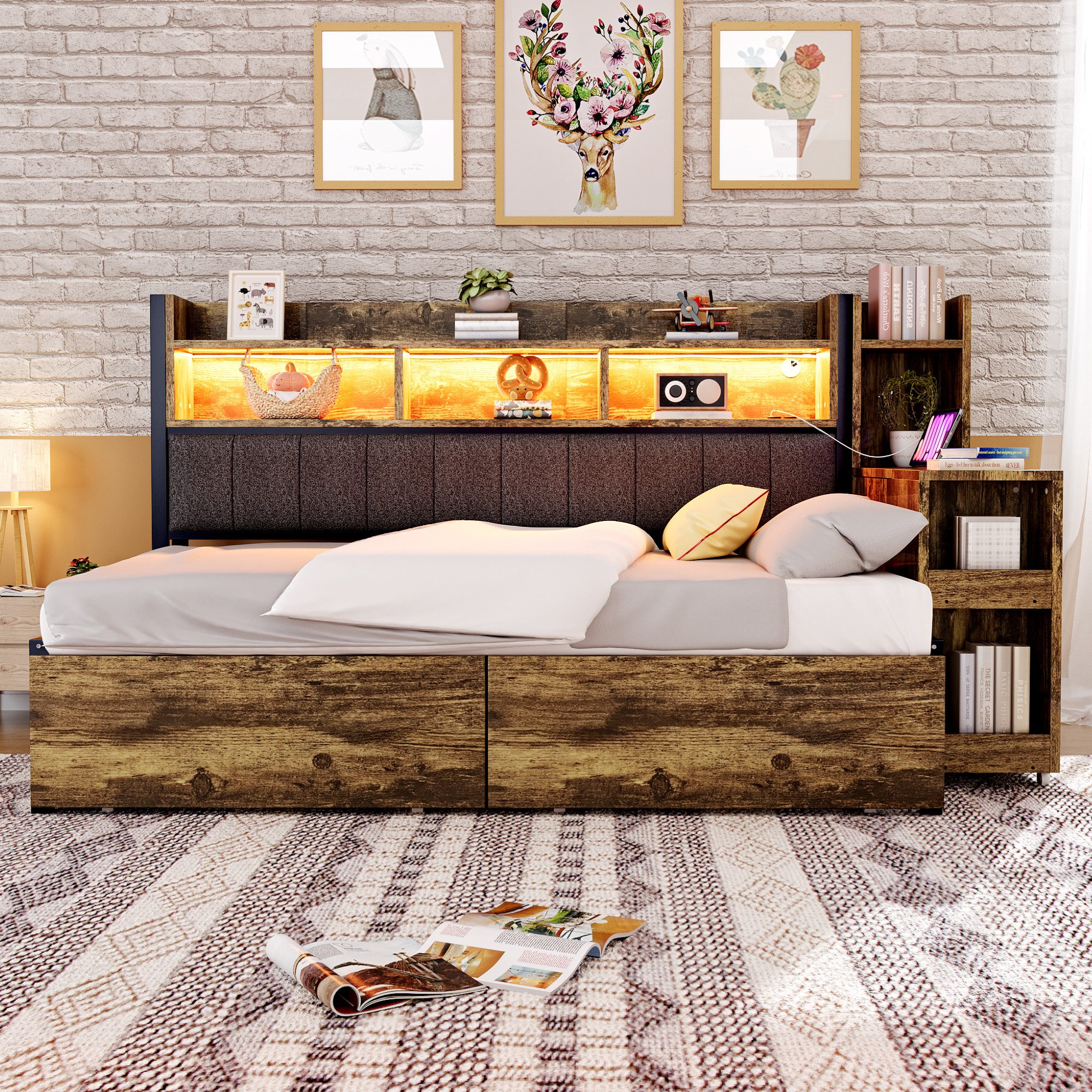 Merax Daybett mit LED-Beleuchtung, Steckdosen & großem Stauraum, Eisenbett günstig online kaufen