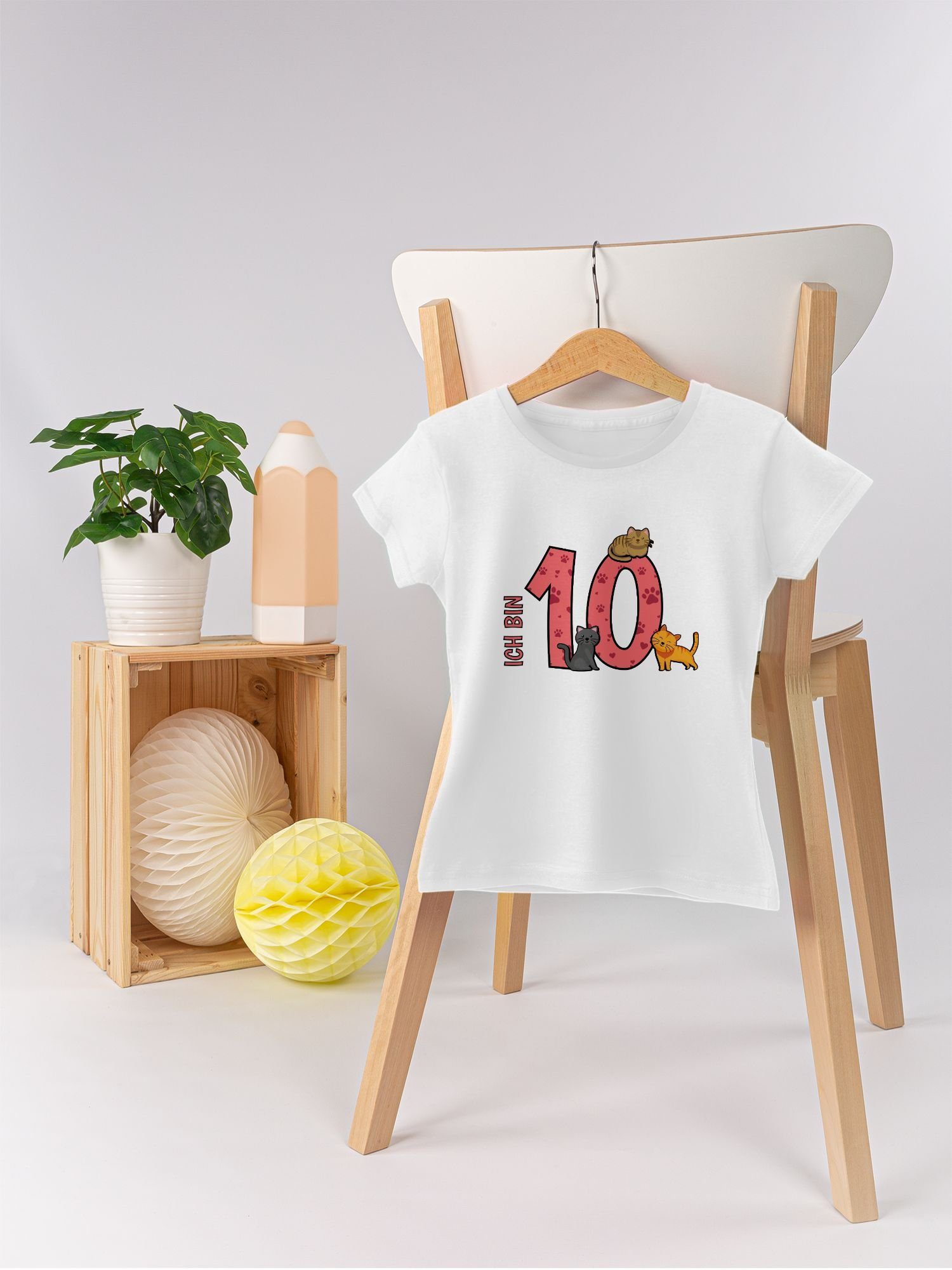 Zehnter T-Shirt 10. Weiß Shirtracer Geburtstag 3 Katzen