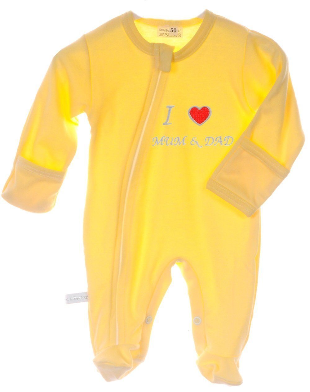 La Bortini Ползунки Schlafoverall mit Mama Papa Overall Baby Schlafanzug in Gelb aus reiner Baumwolle, mit Reißverschluss, 44 50 56 62 68 74 80