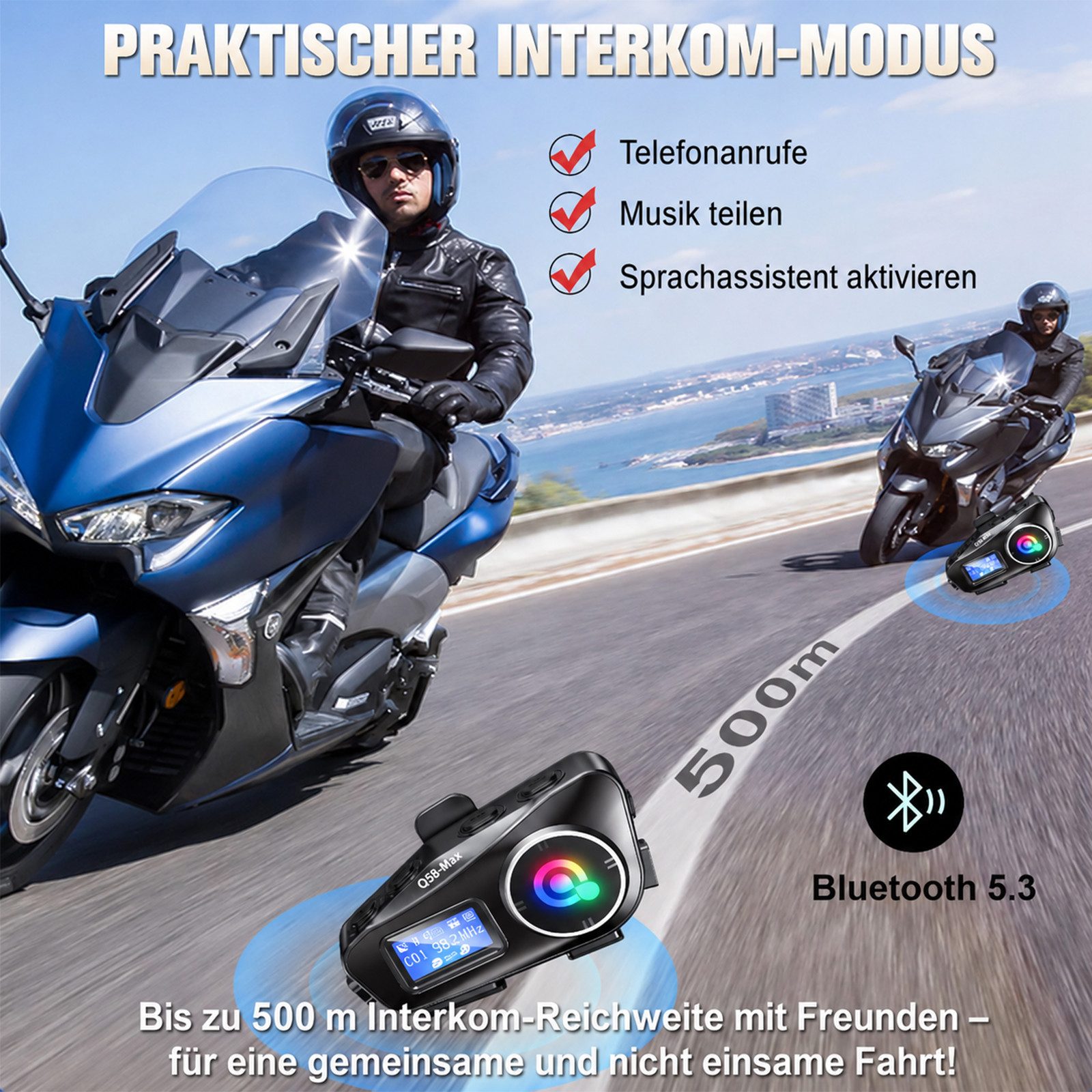 MOPUEA Bluetooth-Kopfhörer 5.3 Motorrad Headset mit 500 m Intercom & MP3 Bluetooth-Kopfhörer (Flexibles Mikrofon, 500 m Intercom, Bluetooth 5.3, CVC DSP, 1000 mAh Akku)