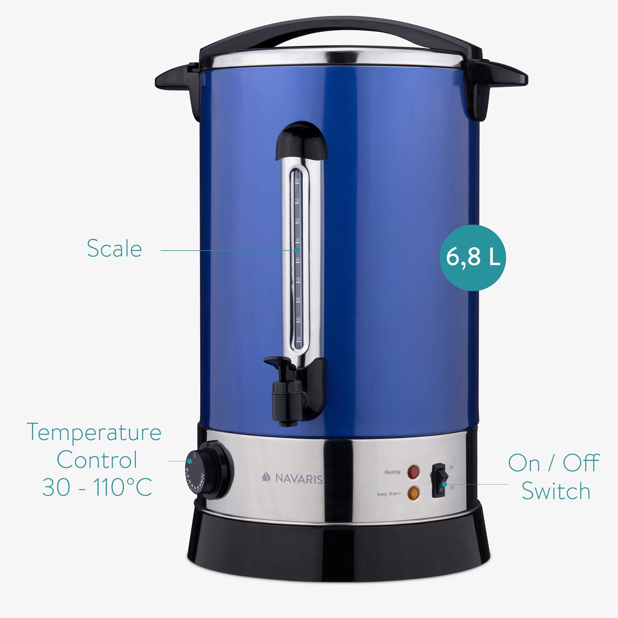Heißwasserspender Thermostat Glühweinautomat, Glühweinkocher mit Heißgetränkeautomat - und Navaris Edelstahl - Glühwein - Zapfhahn 6,8l Füllstandanzeige aus Heißgetränke-