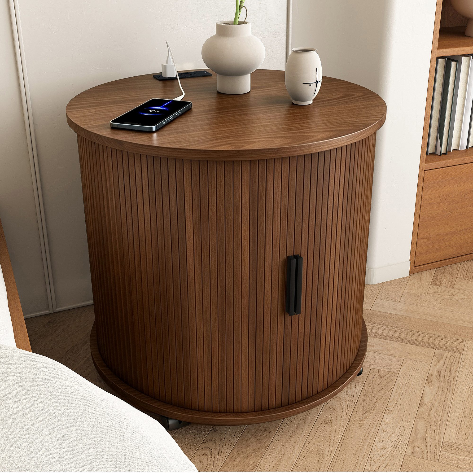 Odikalo Nachttisch kommode mit Ladestation Steckdose + 2 USB (Mid-Century Zylindrischer Nachttisch, Schiefetür & Stauraum